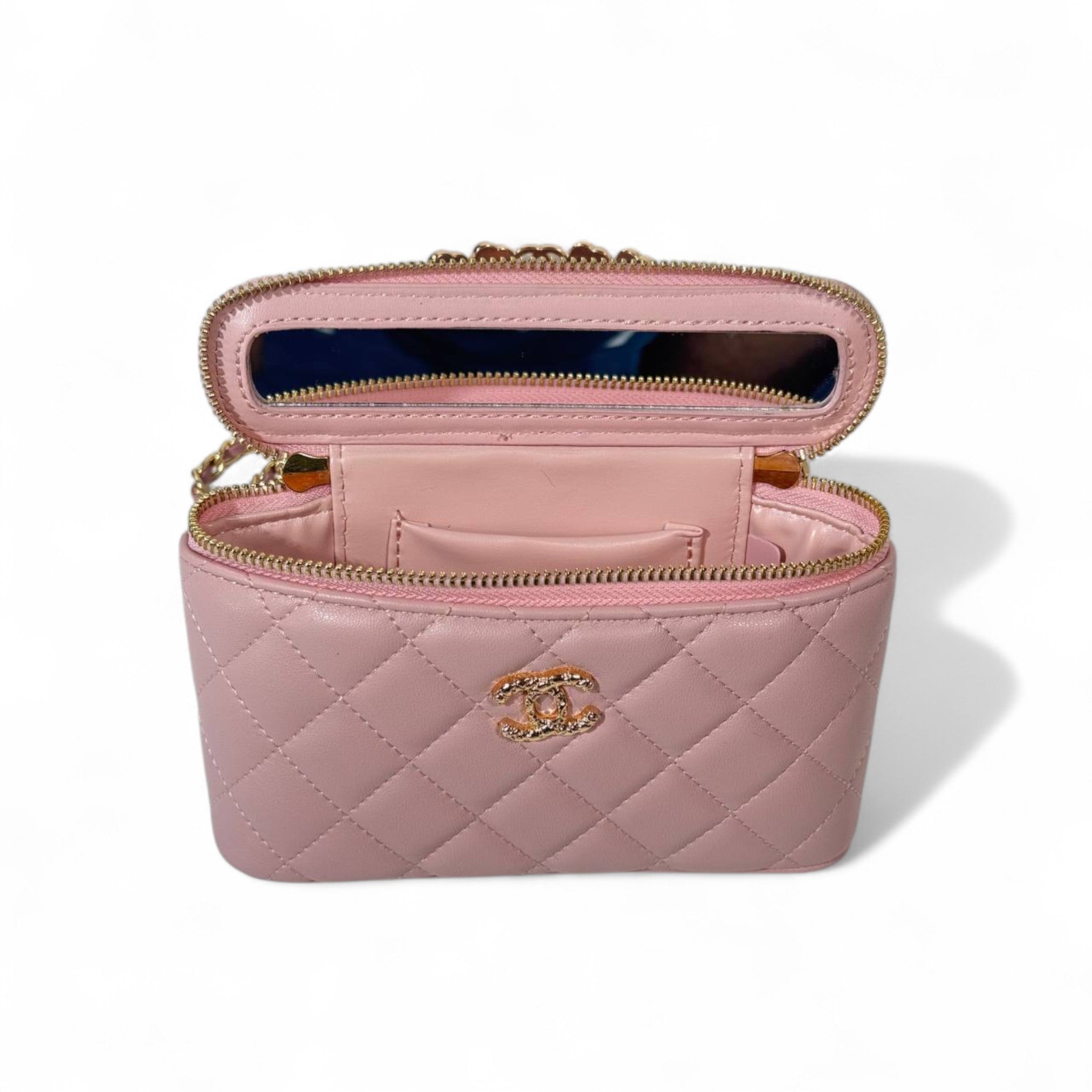 Chanel Mini Vanity Case – Pink Quilted Lambskin with Gold Chain 💖👜