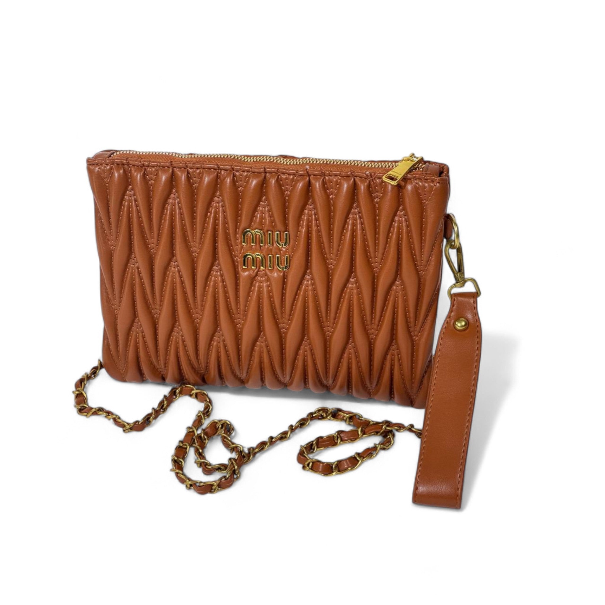 Miu Miu Matelassé Leather Shoulder Bag – Brown Quilted Clutch with Chain Strap & Wristlet 🧡✨