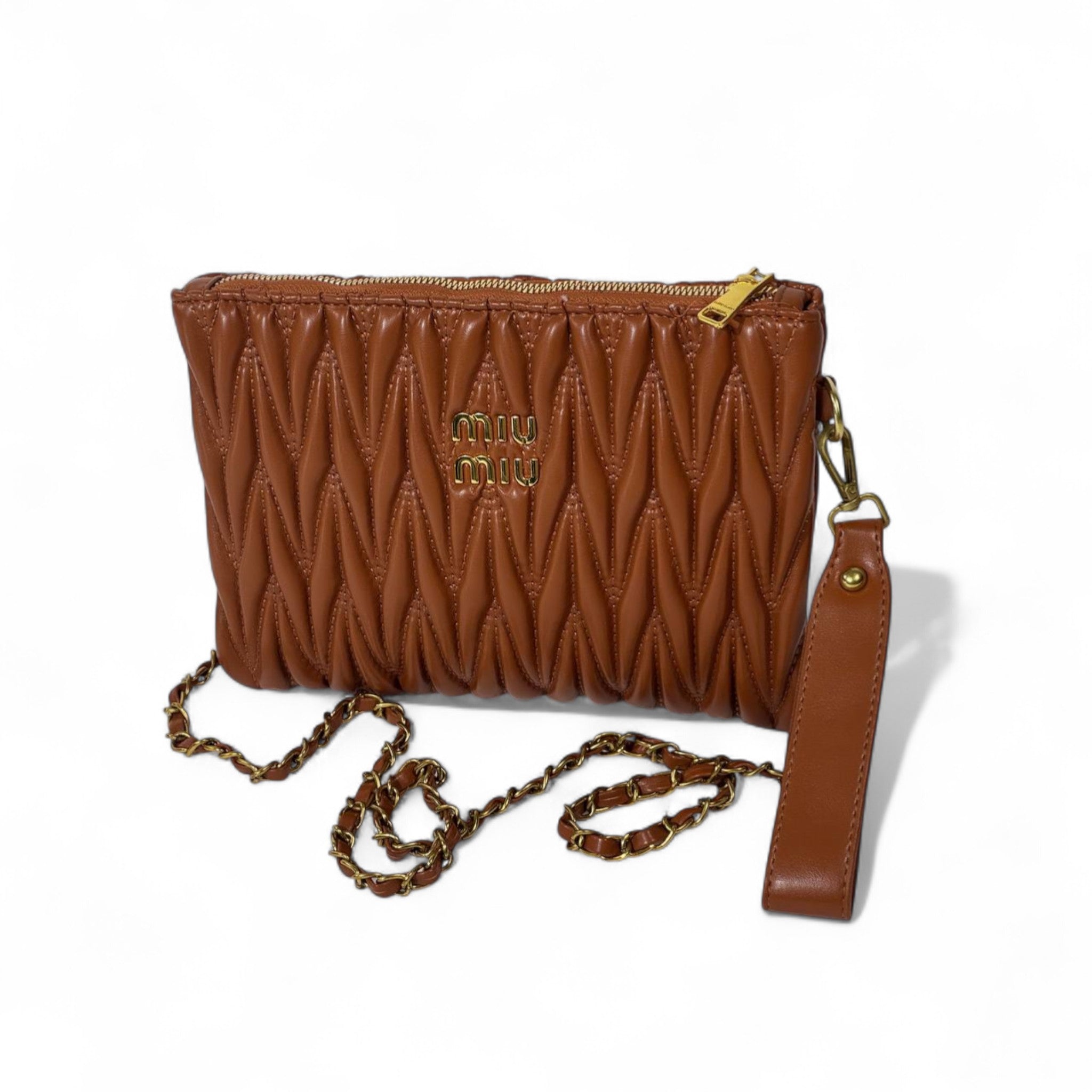 Miu Miu Matelassé Leather Shoulder Bag – Brown Quilted Clutch with Chain Strap & Wristlet 🧡✨