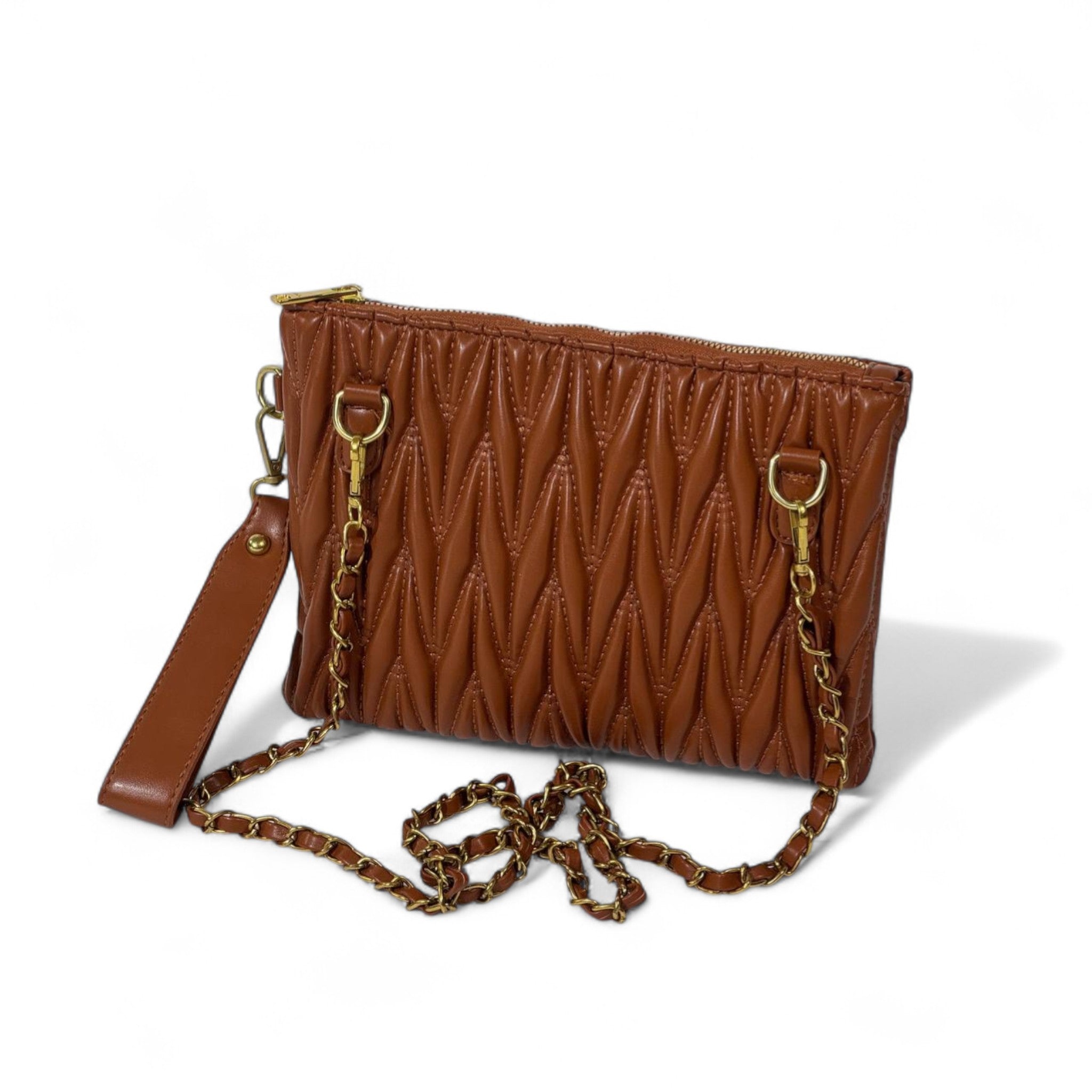 Miu Miu Matelassé Leather Shoulder Bag – Brown Quilted Clutch with Chain Strap & Wristlet 🧡✨