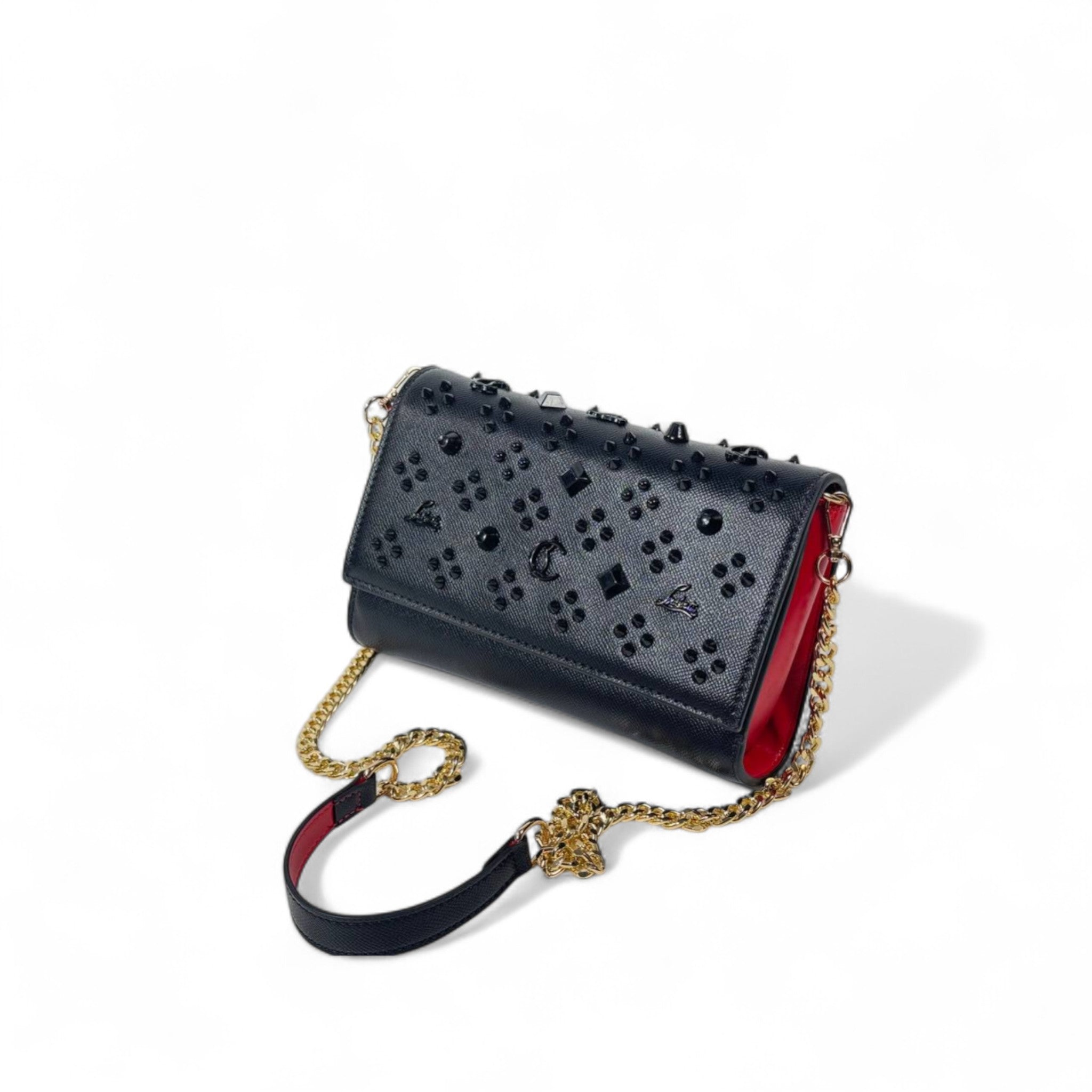 Christian Louboutin Black Studded Crossbody Bag – Gold Chain & Red Interior 🖤🔥