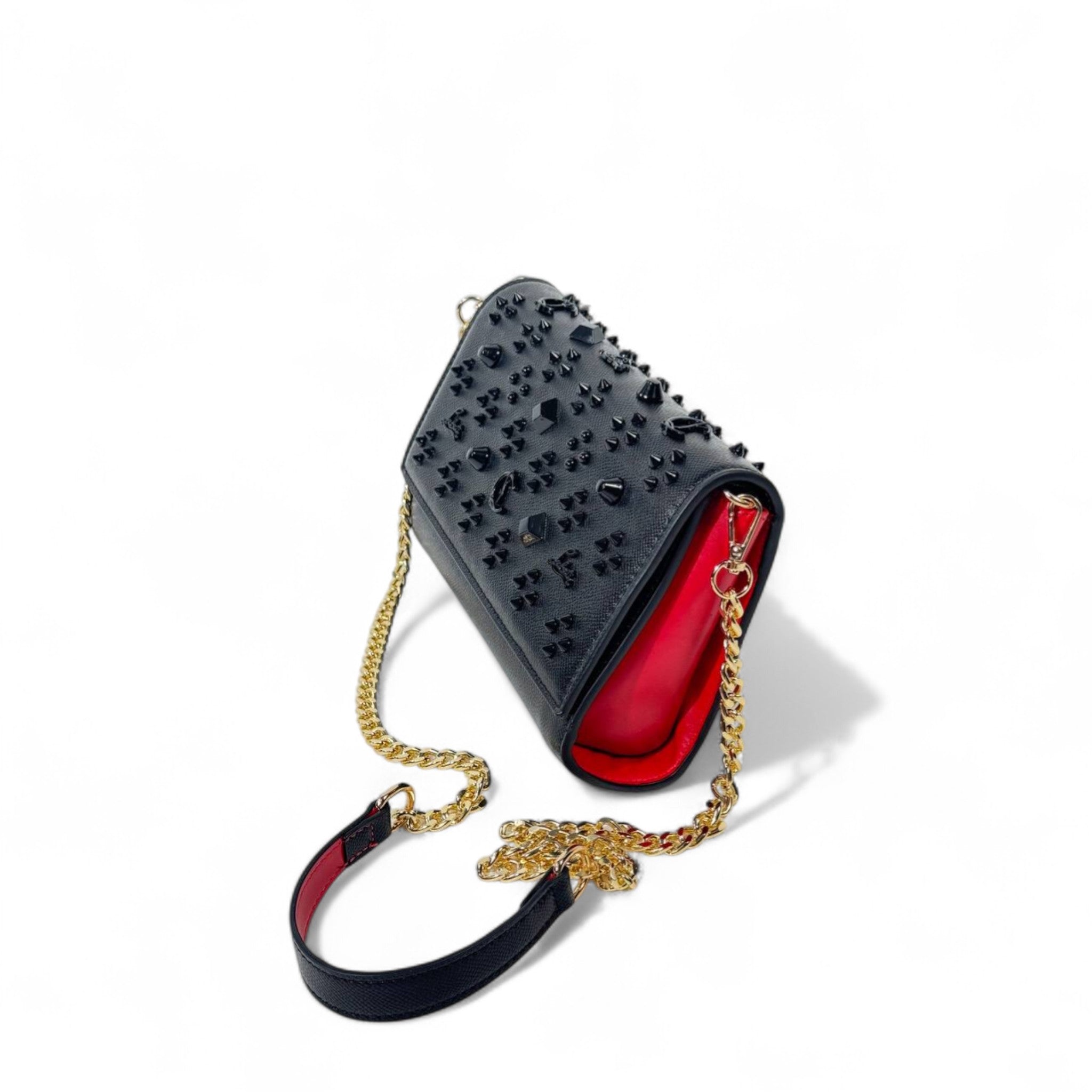 Christian Louboutin Black Studded Crossbody Bag – Gold Chain & Red Interior 🖤🔥