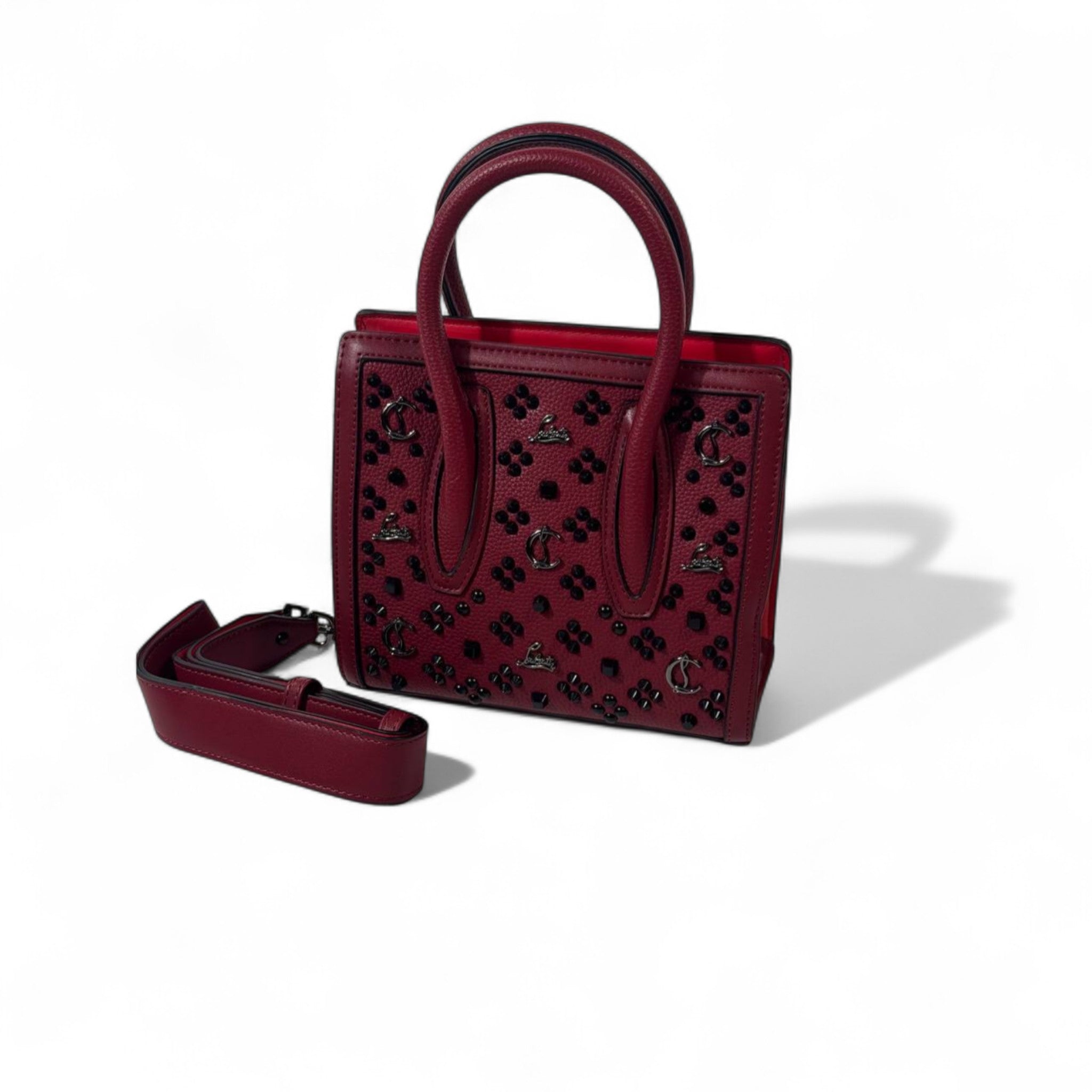 Christian Louboutin Mini Cabata Tote – Bordeaux Red with Black Studs & Signature Red Interior 🍷🖤