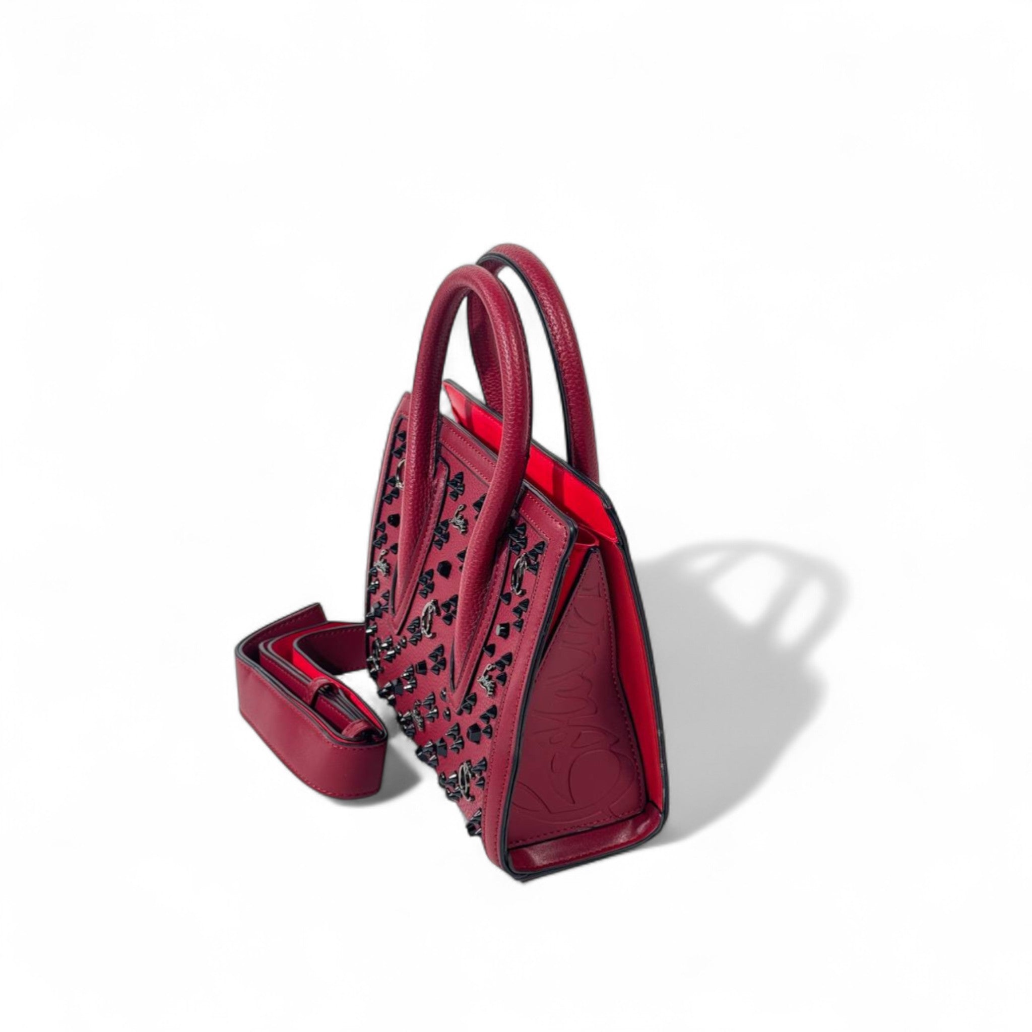Christian Louboutin Mini Cabata Tote – Bordeaux Red with Black Studs & Signature Red Interior 🍷🖤