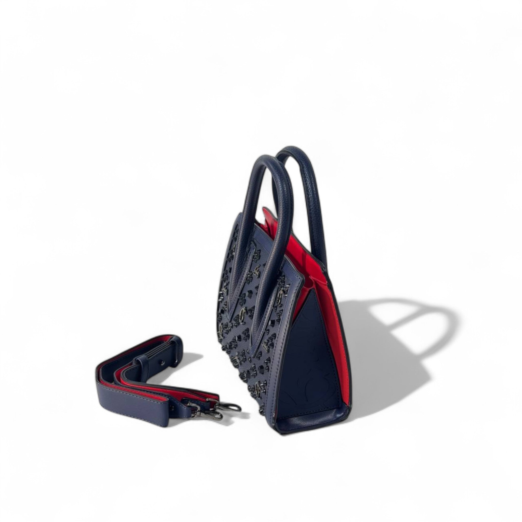 Christian Louboutin Mini Cabata Tote – Midnight Blue with Black Spikes & Red Interior 🌌🔥