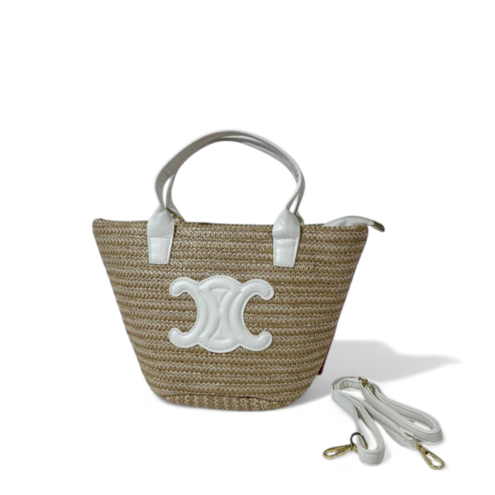 Celine Triomphe Raffia Mini Basket Bag – White Leather & Gold Hardware Shoulder Strap 🕊️