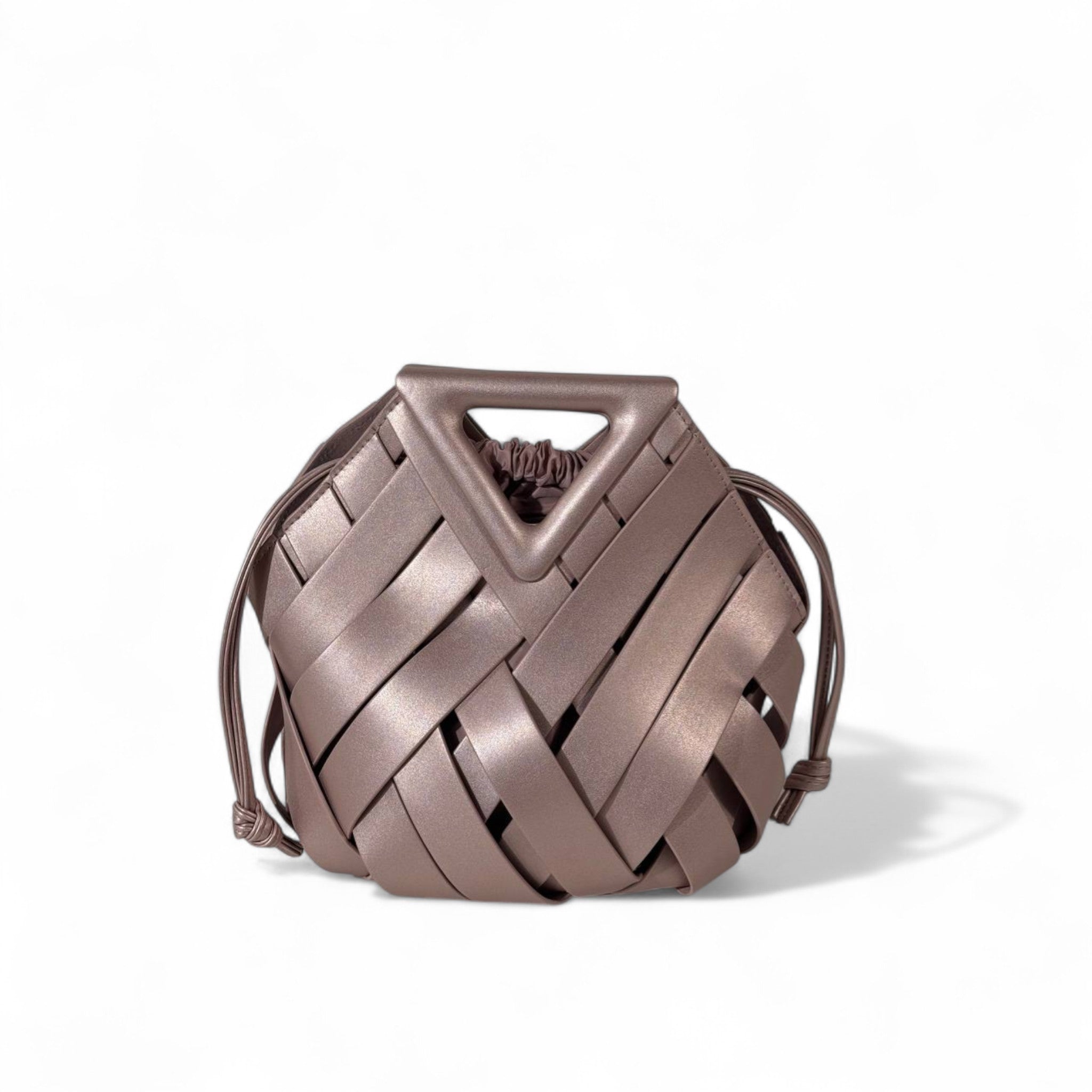 Bottega Veneta Style Woven Leather Geometric Handbag – Metallic Mauve with Inner Pouch
