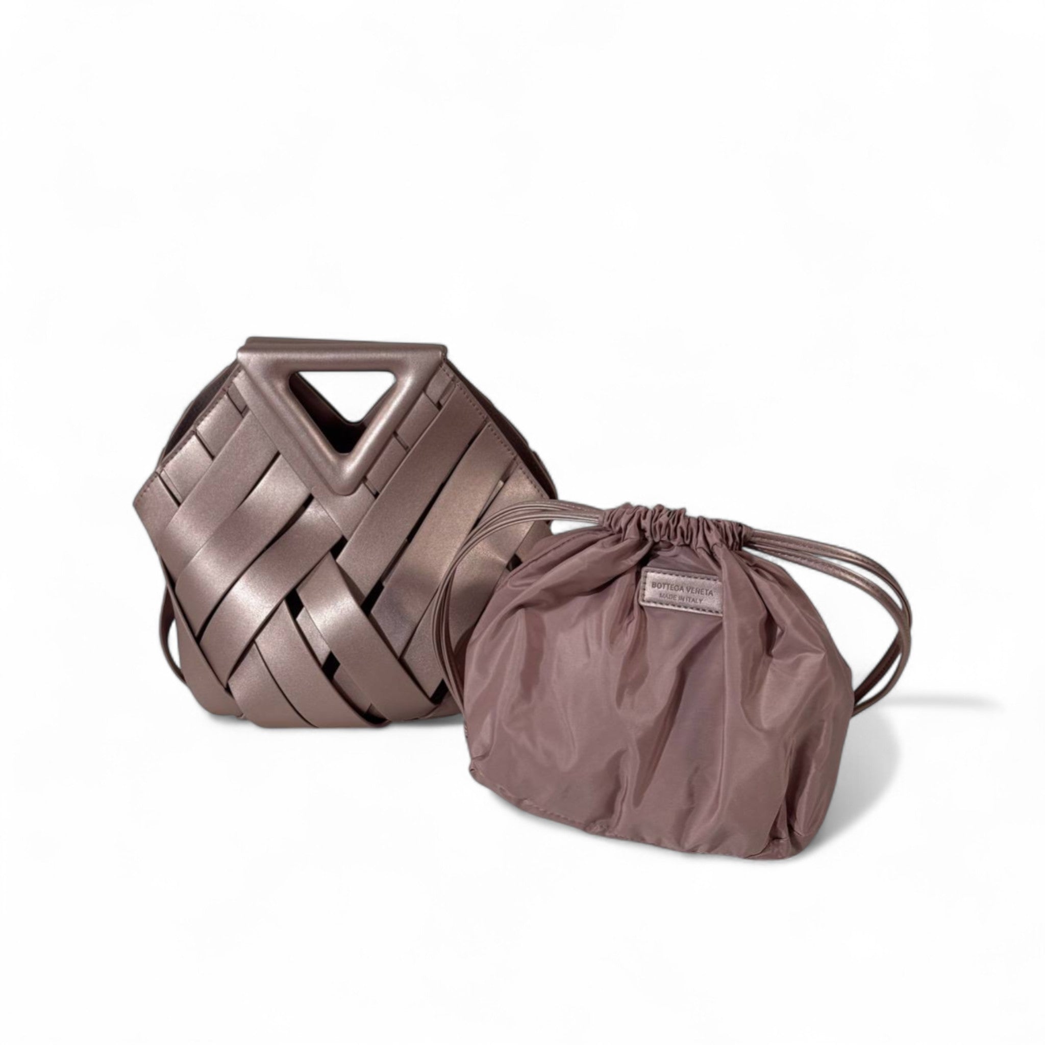 Bottega Veneta Style Woven Leather Geometric Handbag – Metallic Mauve with Inner Pouch
