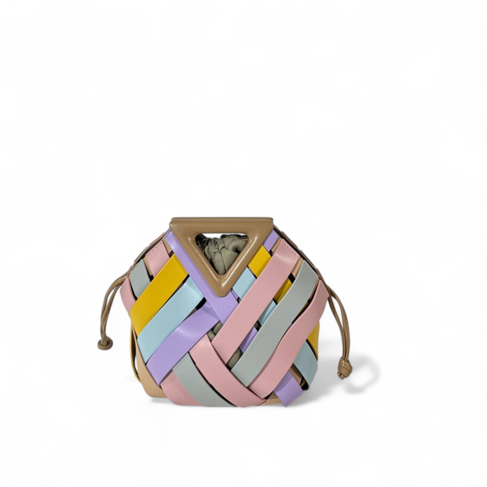 Pastel Rainbow Bottega-Inspired Woven Handbag – Geometric Leather Design with Drawstring Pouch