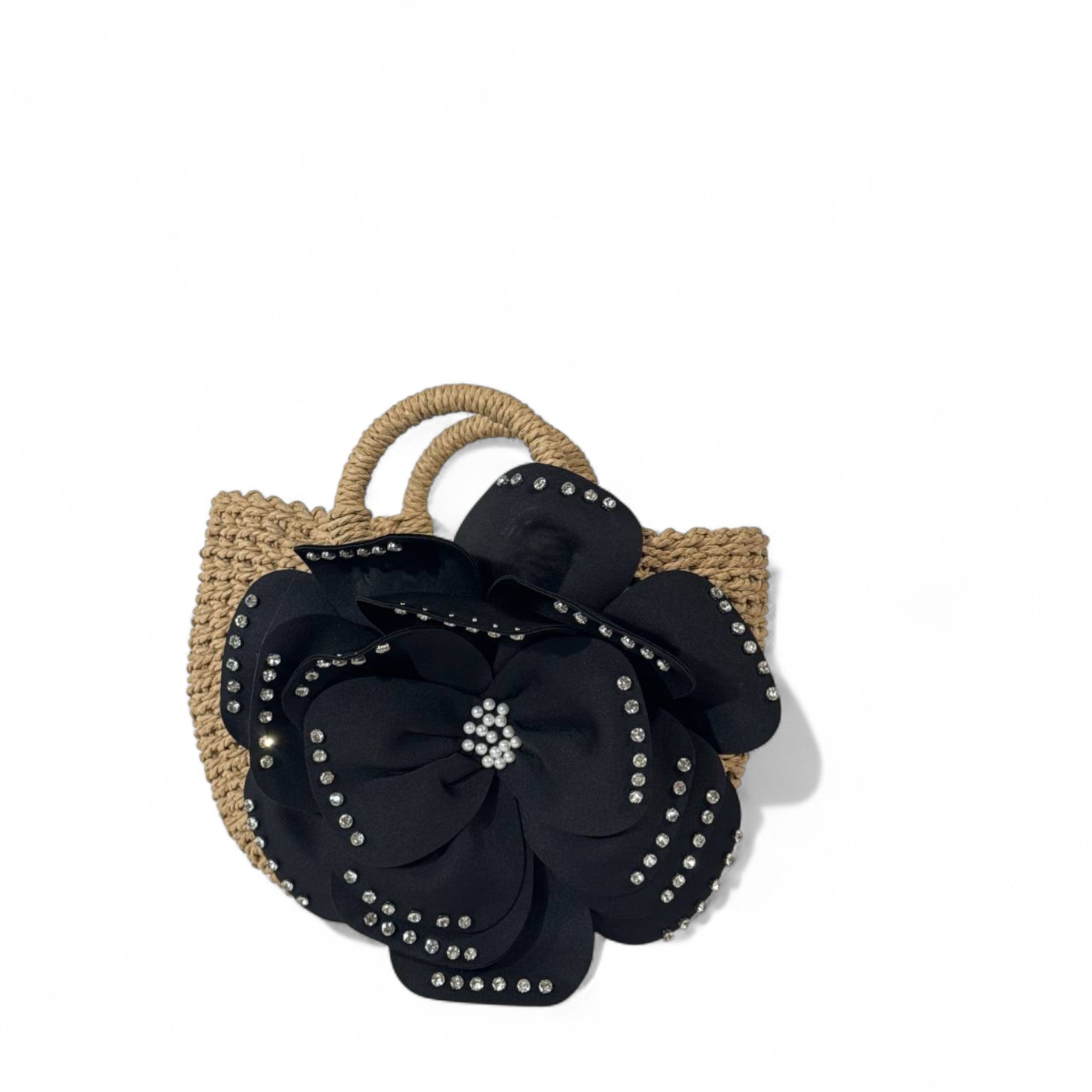 Glam Bloom Rhinestone Flower Straw Tote – Black Edition