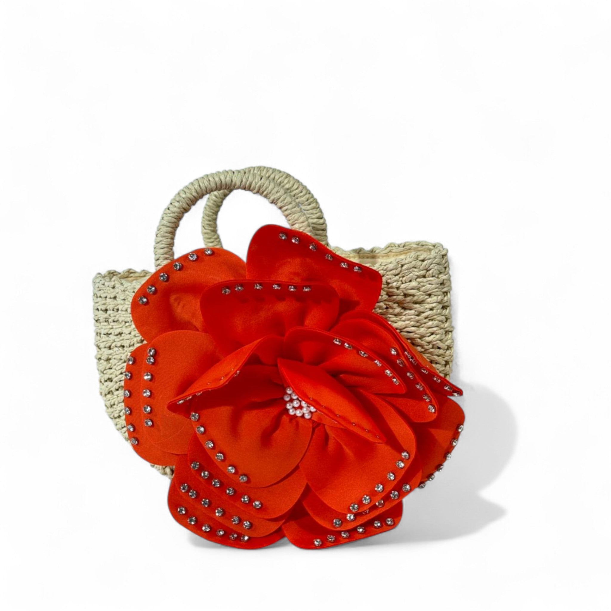 Orange Rhinestone Flower Straw Bag – Citrus Bloom Statement Tote