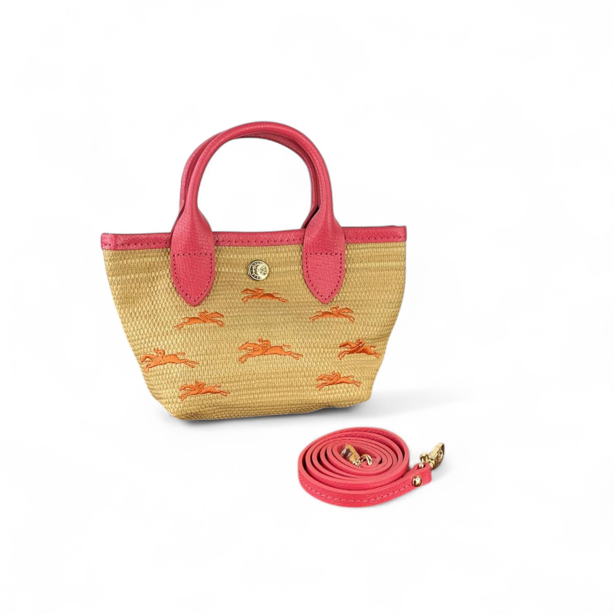 ๐ธ Longchamp Le Pliage Pink Straw Mini Bag โ Equestrian Charm Limited Edition ๐โจ