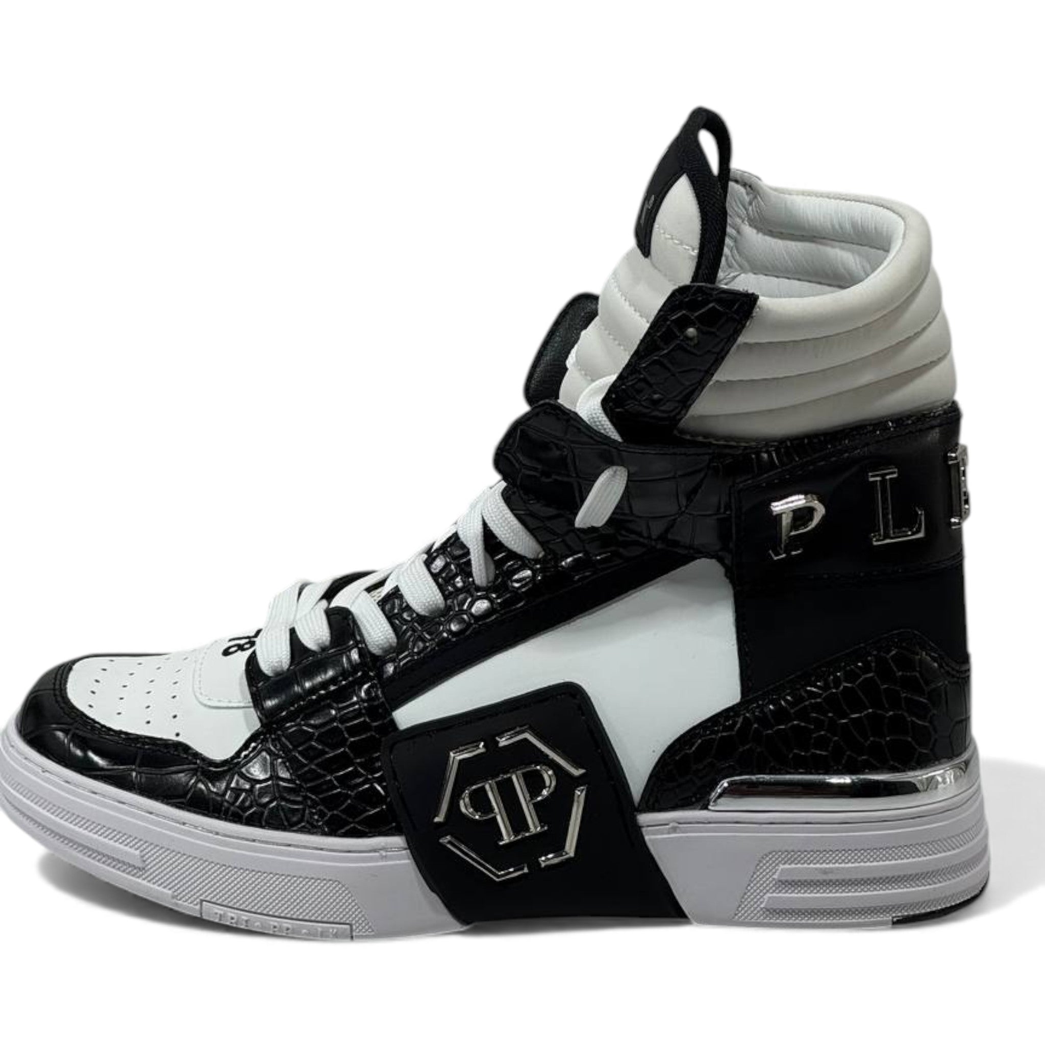⚫⚪ Philipp Plein “78” Croc-Embossed High-Top Sneakers – Monochrome Power 👟
