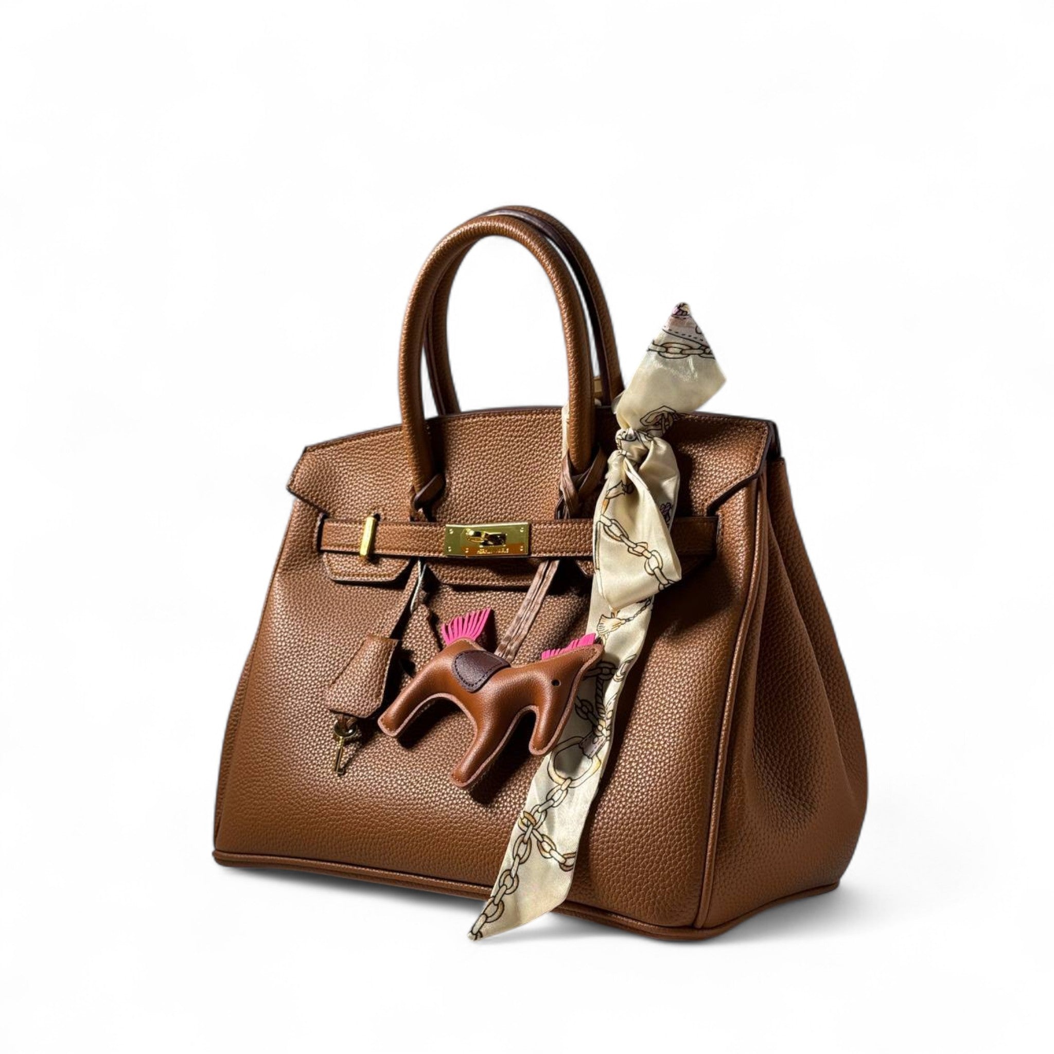 Classic Birkin-Inspired Tan Leather Handbag – with Horse Charm & Silk Twilly 🐎🤎