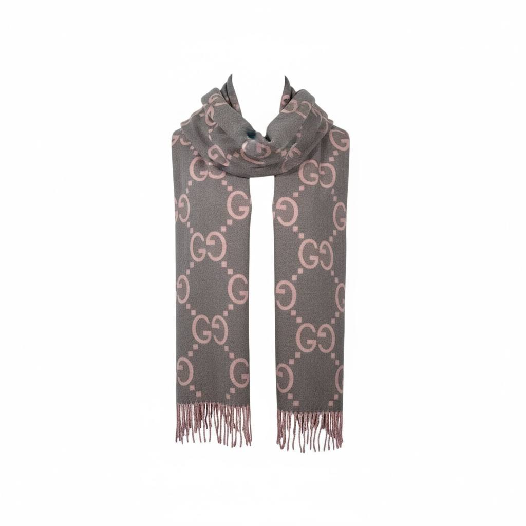 🌸 Gucci GG Jacquard Scarf | Pink & Grey Wool Blend