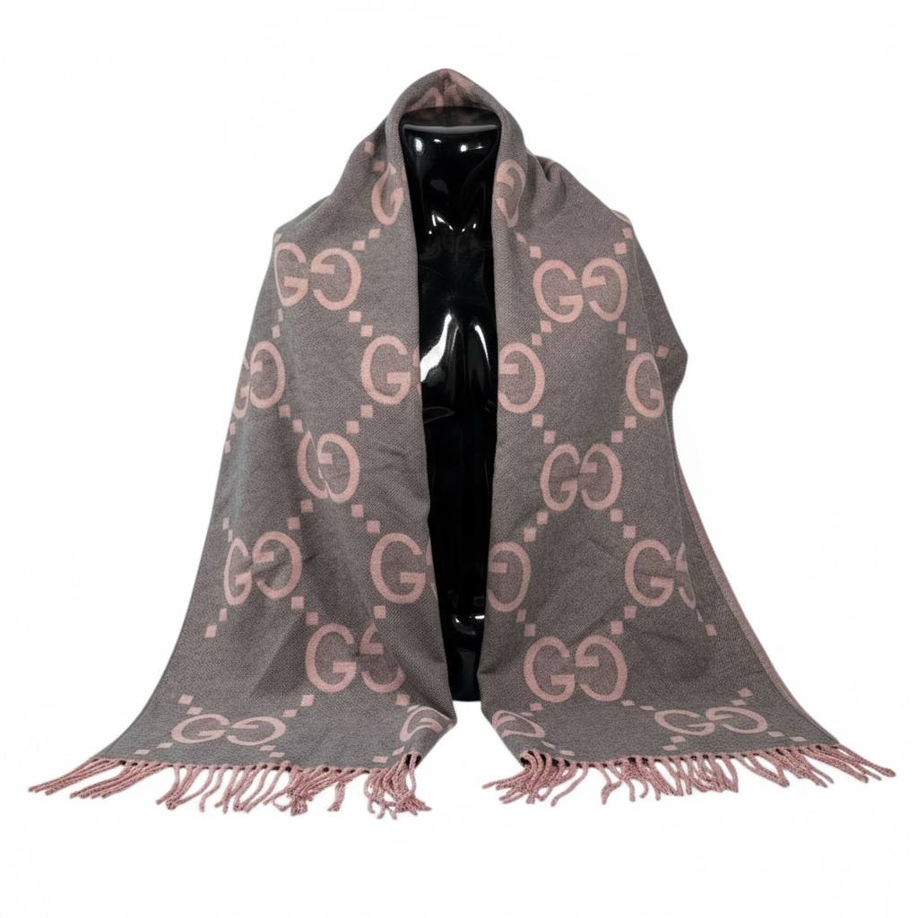 🌸 Gucci GG Jacquard Scarf | Pink & Grey Wool Blend