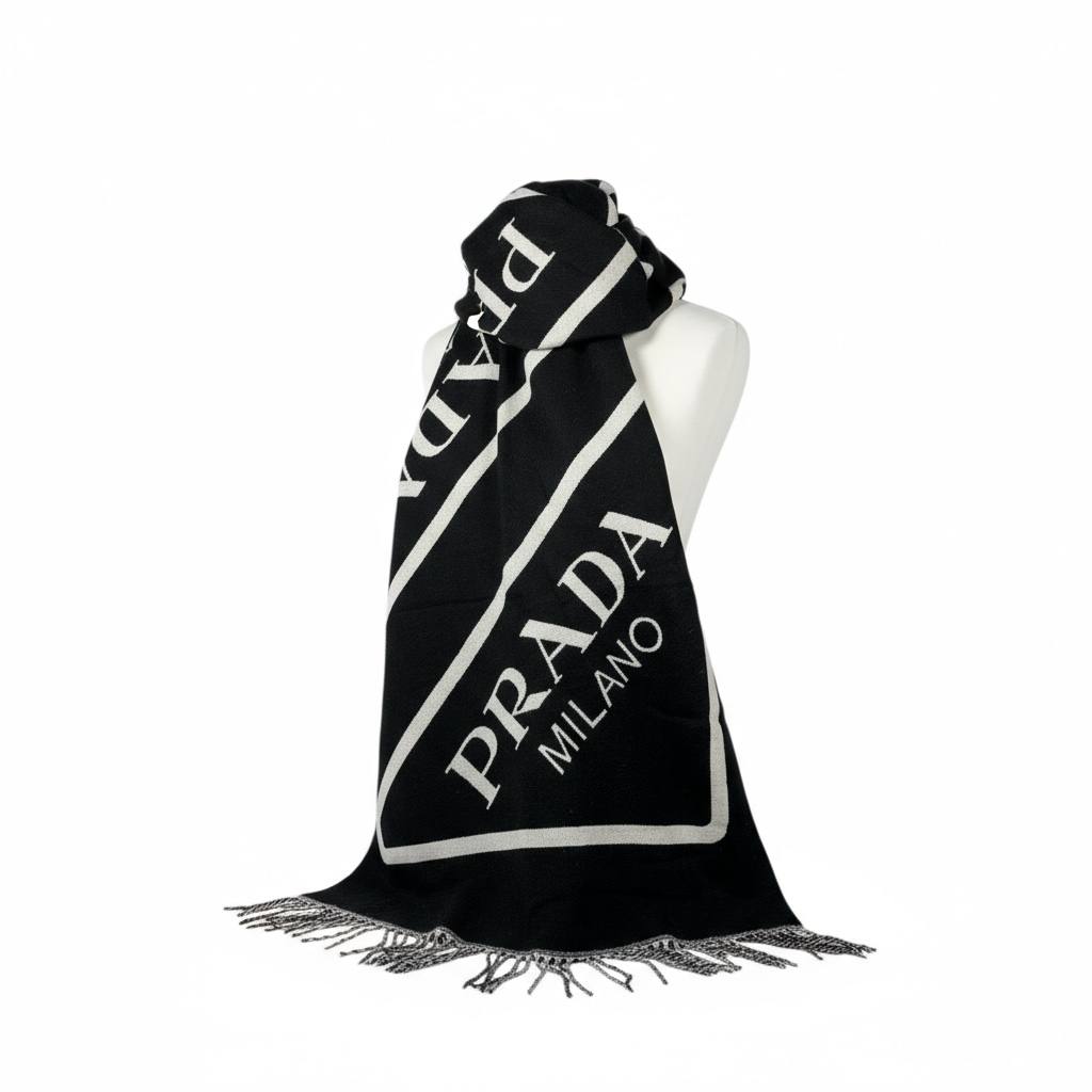 🖤 Prada Milano Logo Wool Scarf | Black & White Fringed Edge