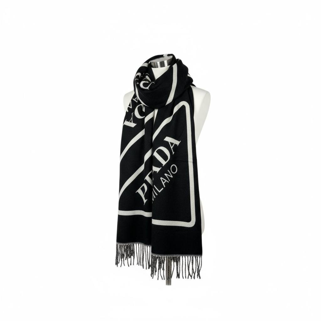 🖤 Prada Milano Logo Wool Scarf | Black & White Fringed Edge