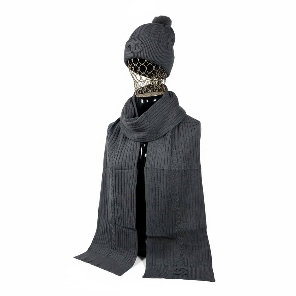 🖤 Chanel Knit Beanie & Scarf Set | Grey Wool Winter Collection