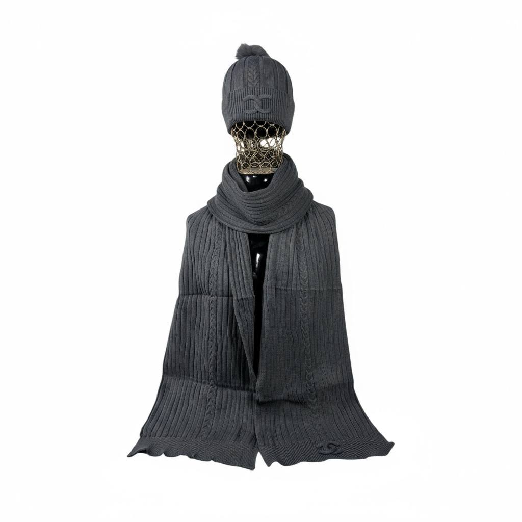 🖤 Chanel Knit Beanie & Scarf Set | Grey Wool Winter Collection