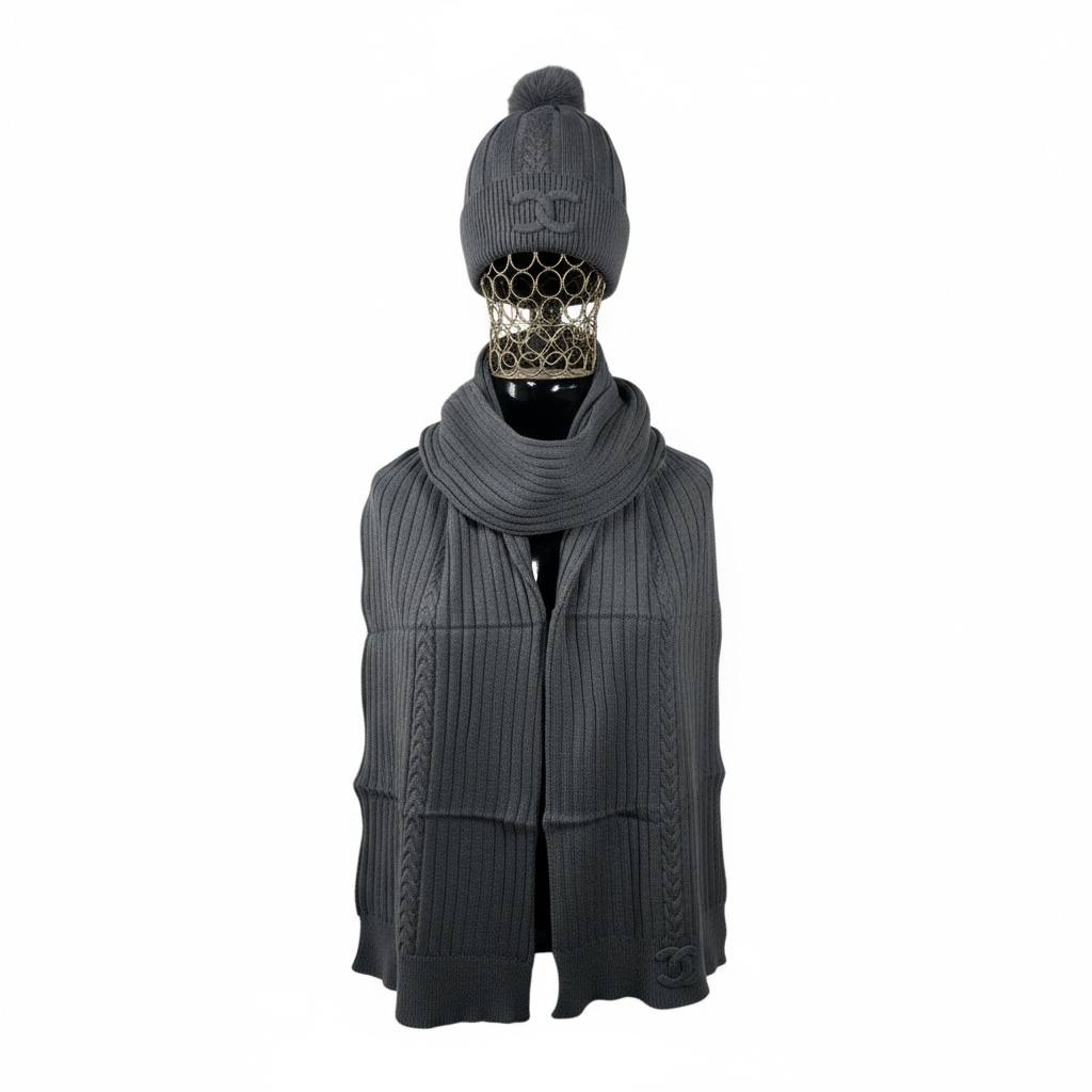 🖤 Chanel Knit Beanie & Scarf Set | Grey Wool Winter Collection