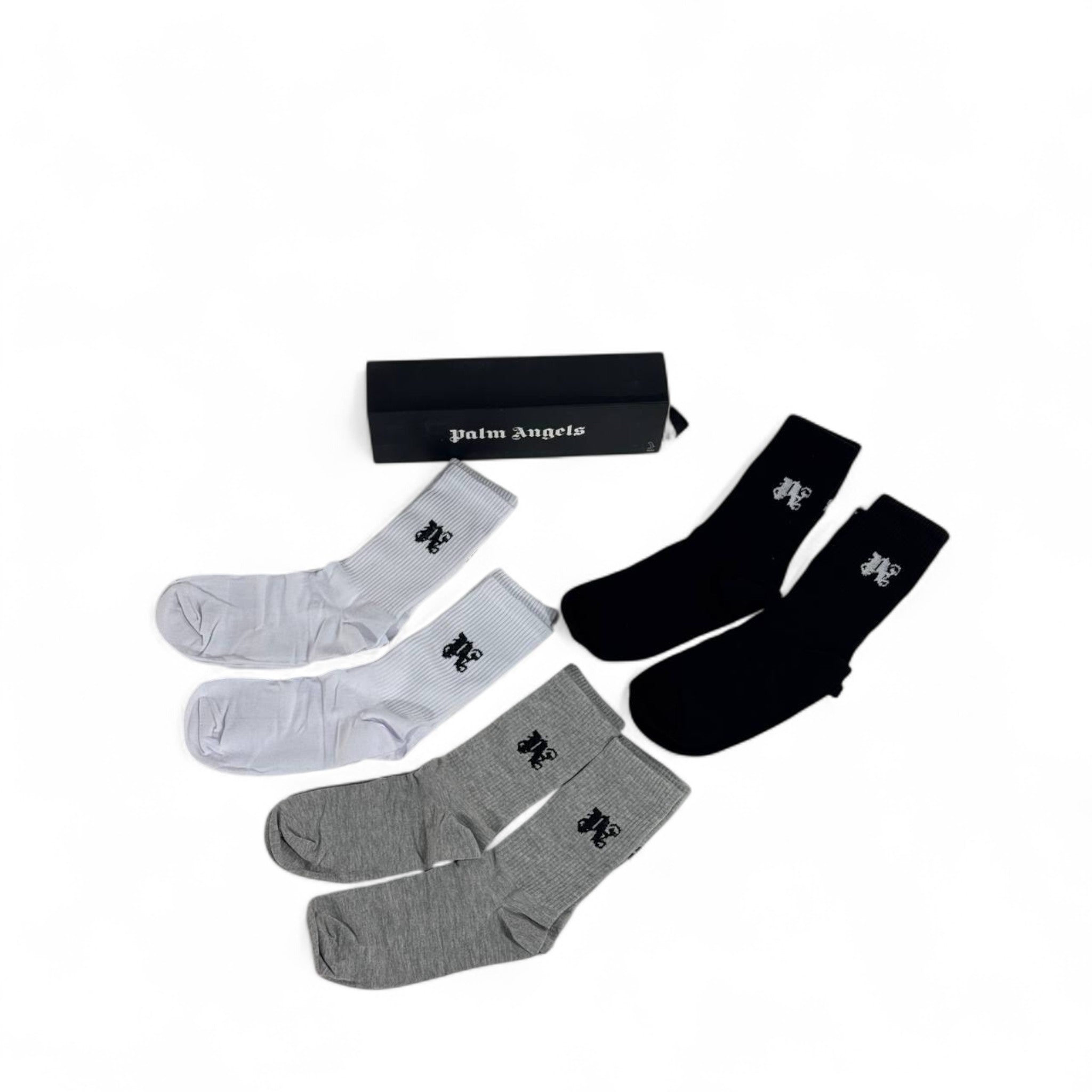 🖤 Palm Angels Crew Socks Set – 6 Pairs (White, Black, Grey) with Gift Box