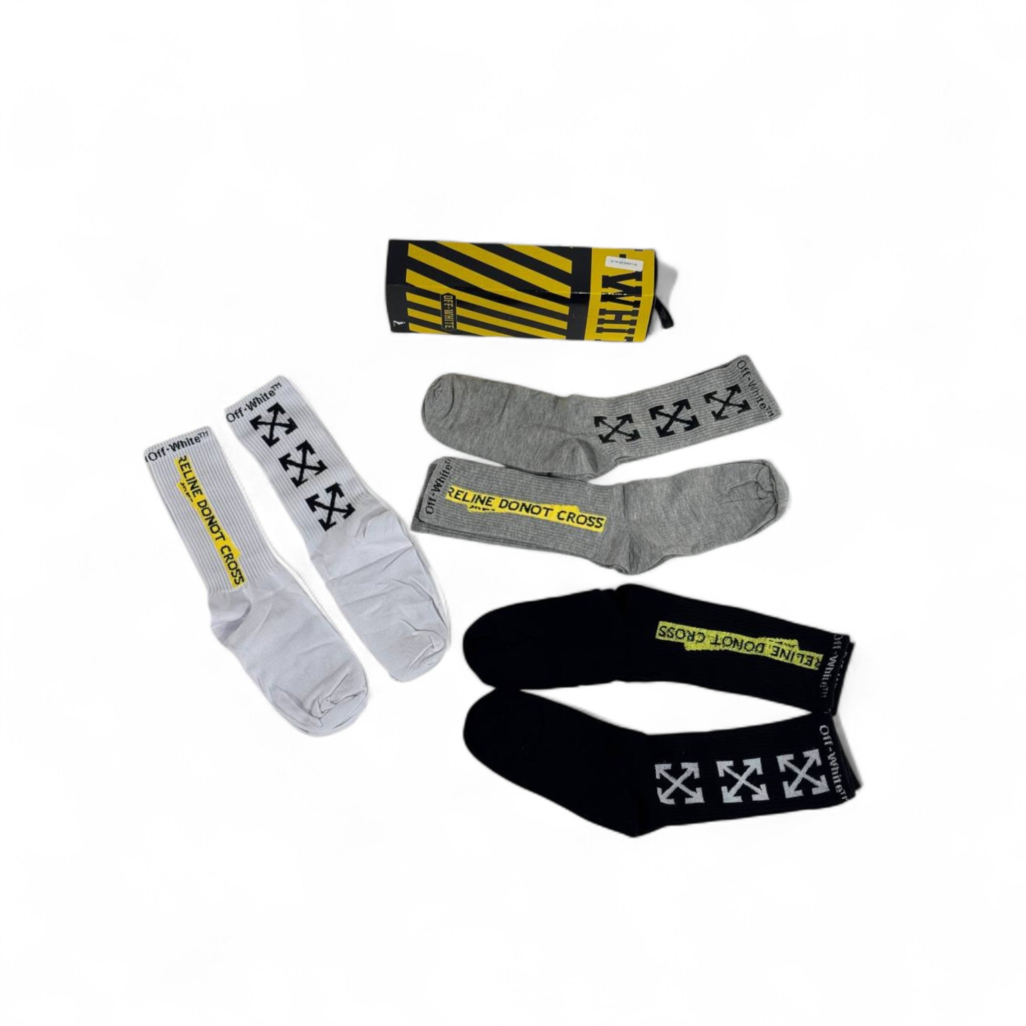 ⚫⚪ Off-White Crew Socks Set – 6 Pairs (White, Black, Grey) with Gift Box