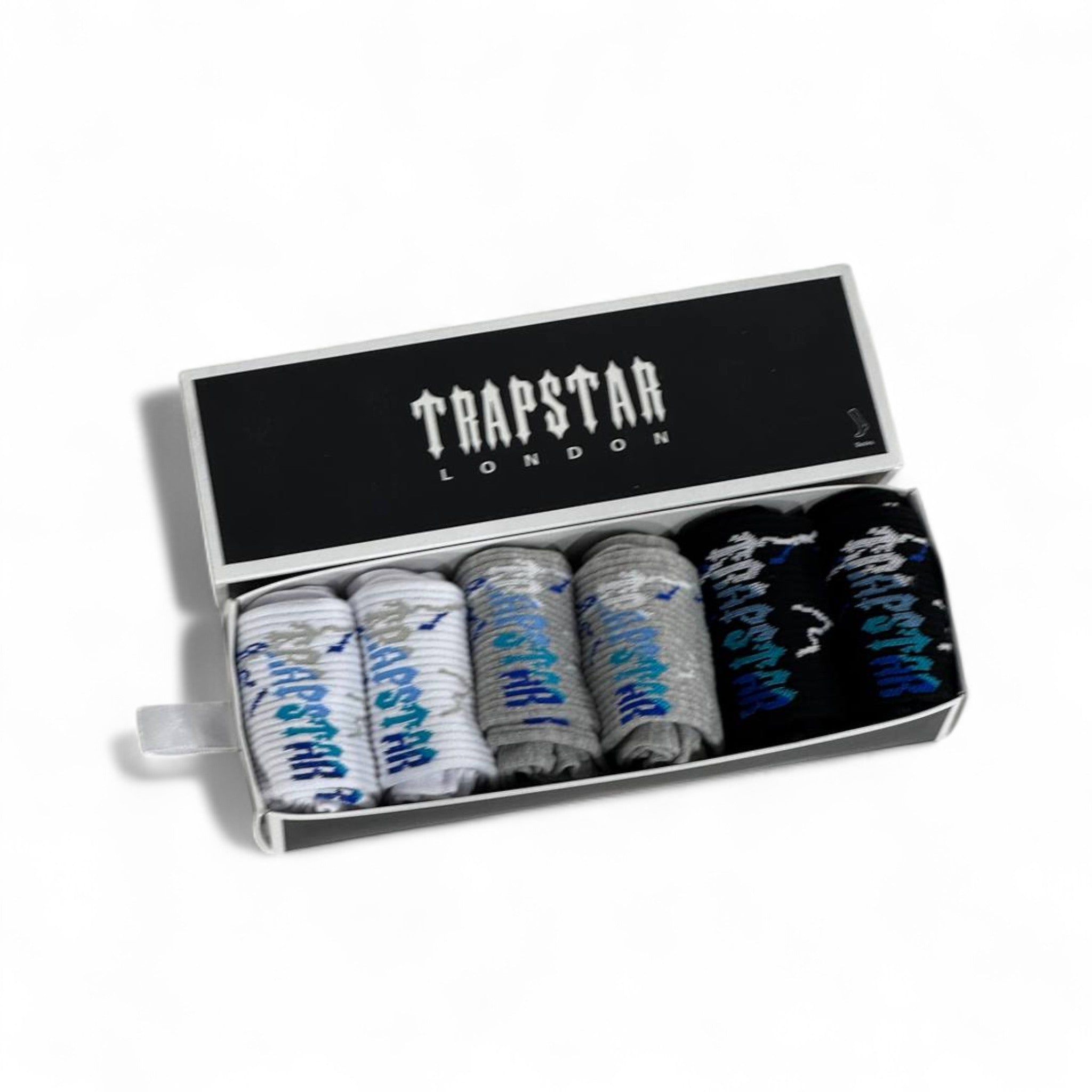 ⚡ Trapstar Crew Socks Set – 6 Pairs (White, Black, Grey) with Gift Box