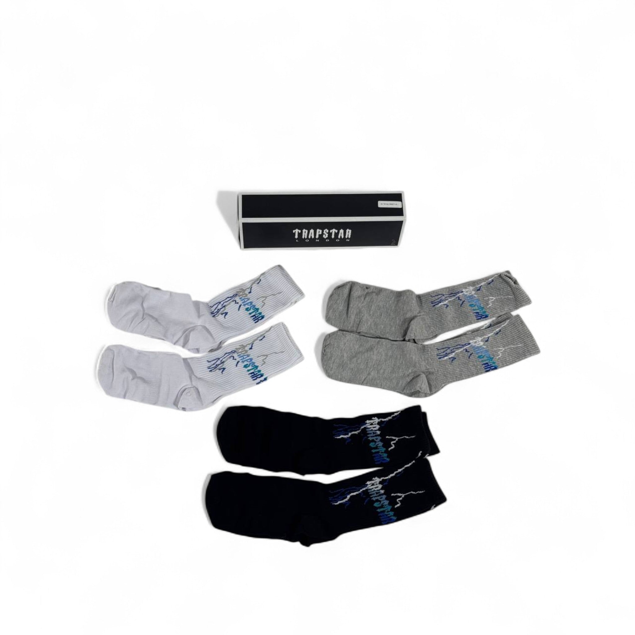 ⚡ Trapstar Crew Socks Set – 6 Pairs (White, Black, Grey) with Gift Box