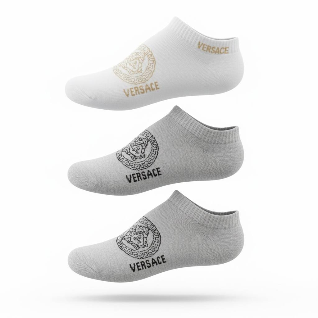 Versace Medusa Logo Ankle Socks – White & Grey 3-Pack ✨