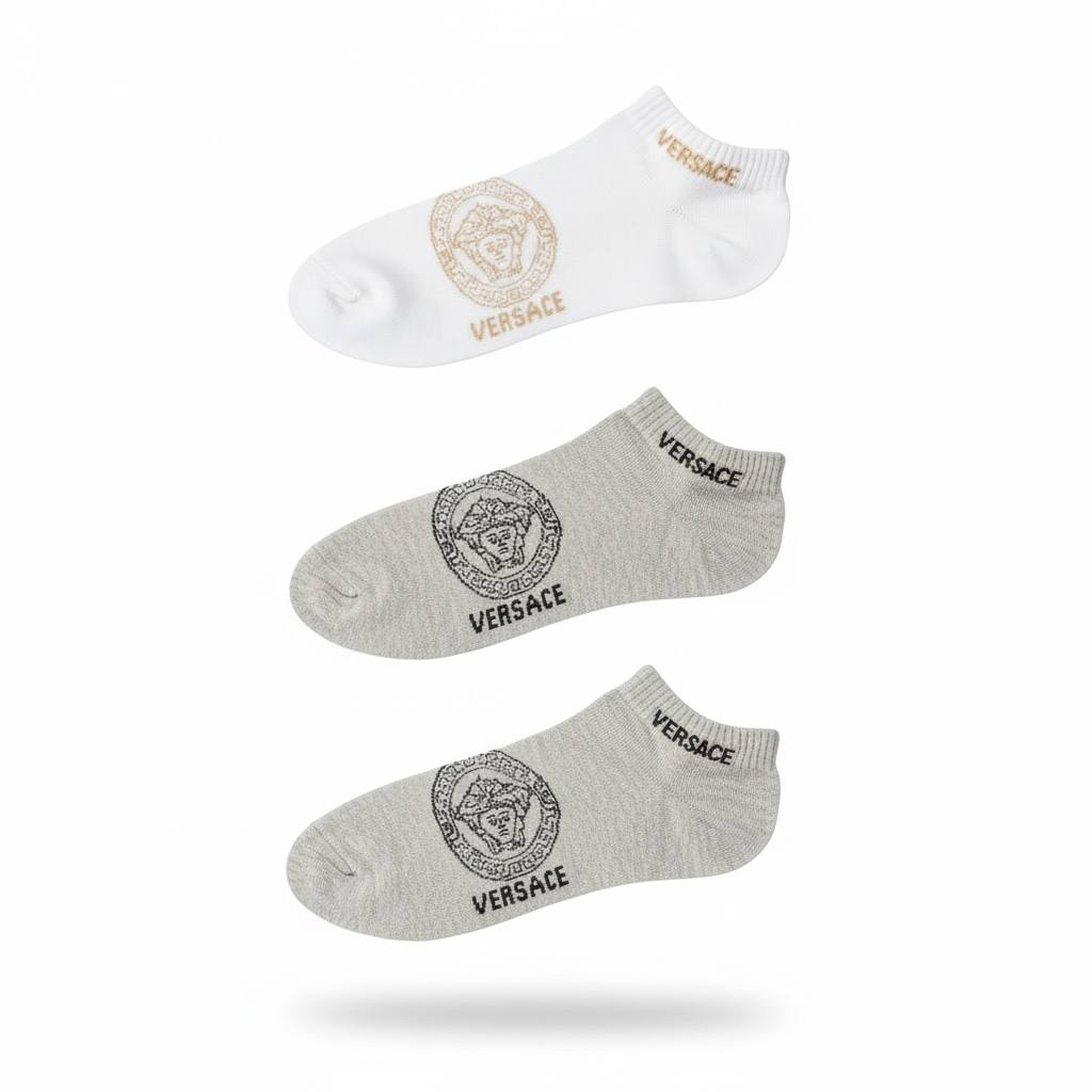 Versace Medusa Logo Ankle Socks – White & Grey 3-Pack ✨