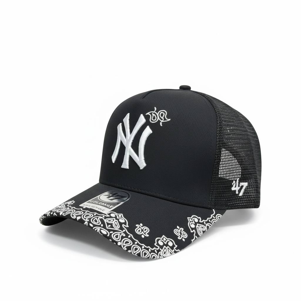 ’47 New York Yankees Black Trucker Cap – Bandana Brim Edition 🖤🔥