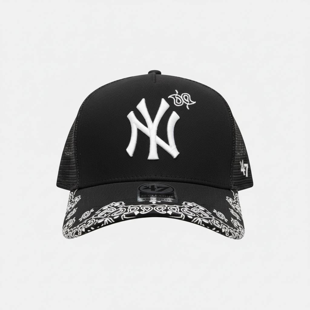 ’47 New York Yankees Black Trucker Cap – Bandana Brim Edition 🖤🔥