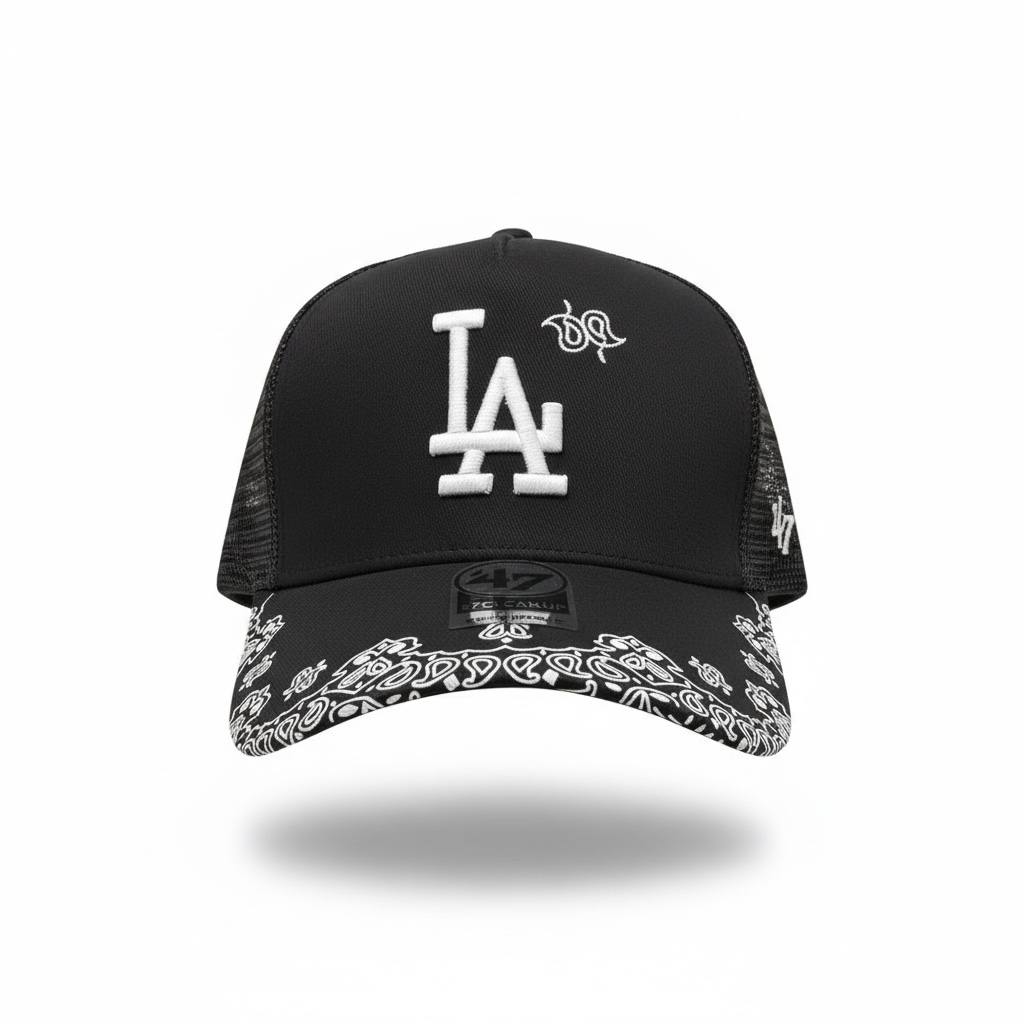 47 Los Angeles LA Black Trucker Cap – Bandana Brim Edition 🖤🔥
