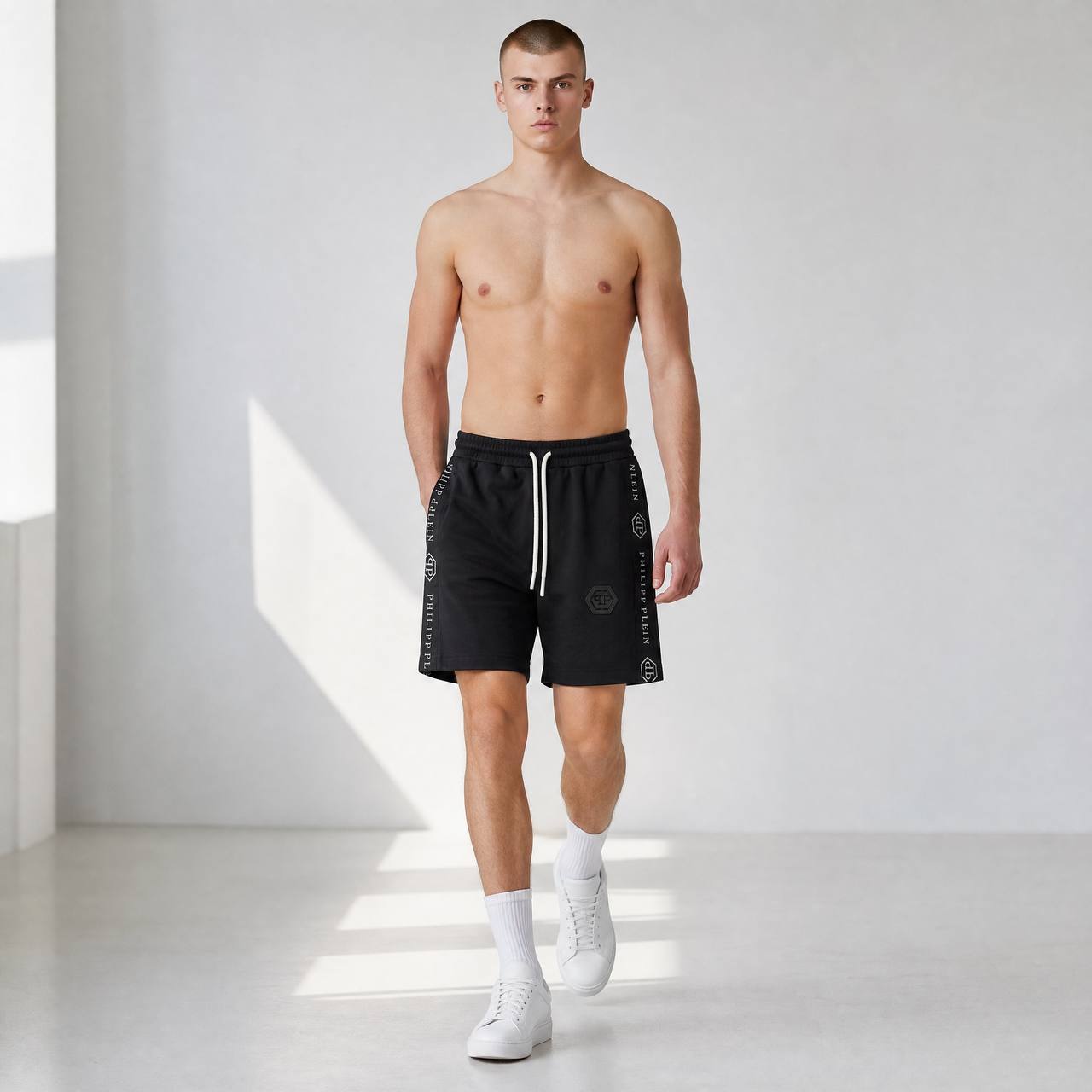 👑 Philipp Plein Signature Tape Shorts – Luxury Black Streetwear Edition
