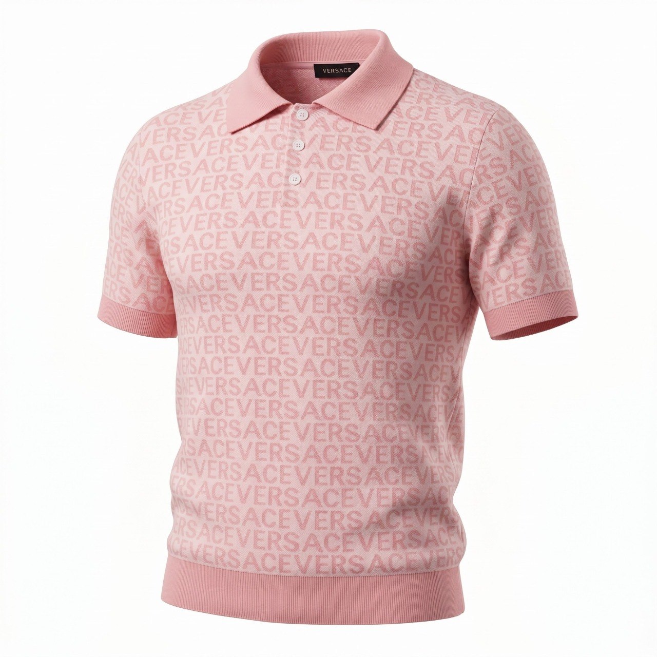 💗 Versace Monogram Knit Polo Shirt – Soft Pink Edition