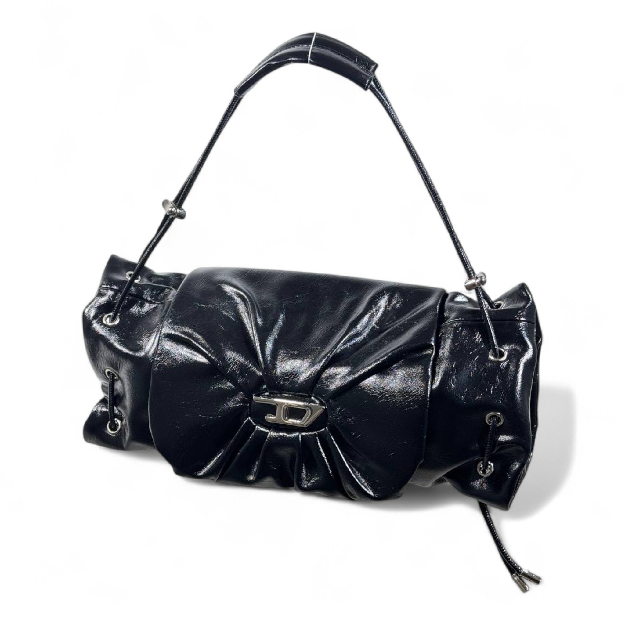 DIESEL Black Gloss Ruched Shoulder Bag 🖤✨ | Iconic Bow Detail & Silver Hardware