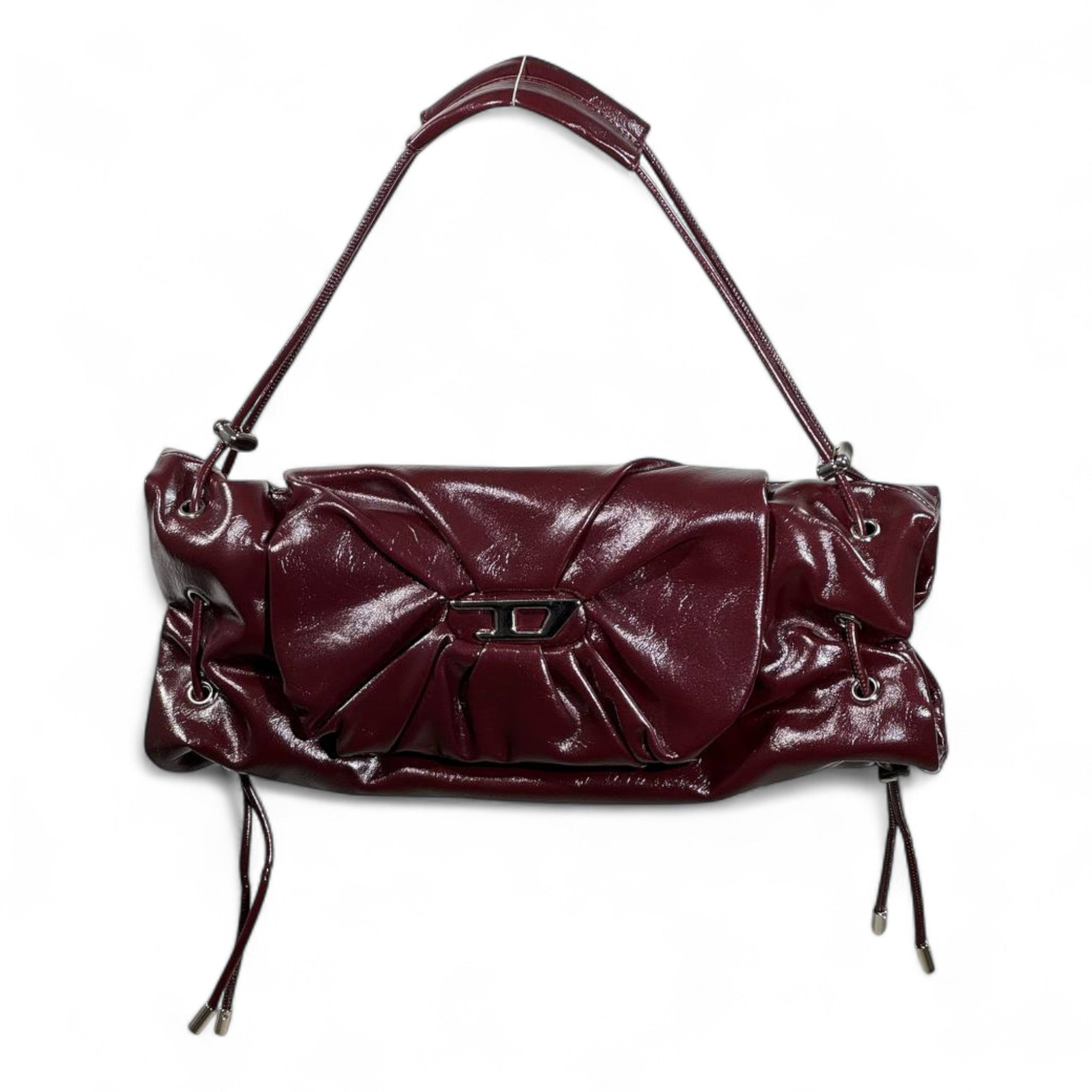 DIESEL Burgundy Gloss Ruched Shoulder Bag 🍷✨ | Bow Detail & Silver Hardware