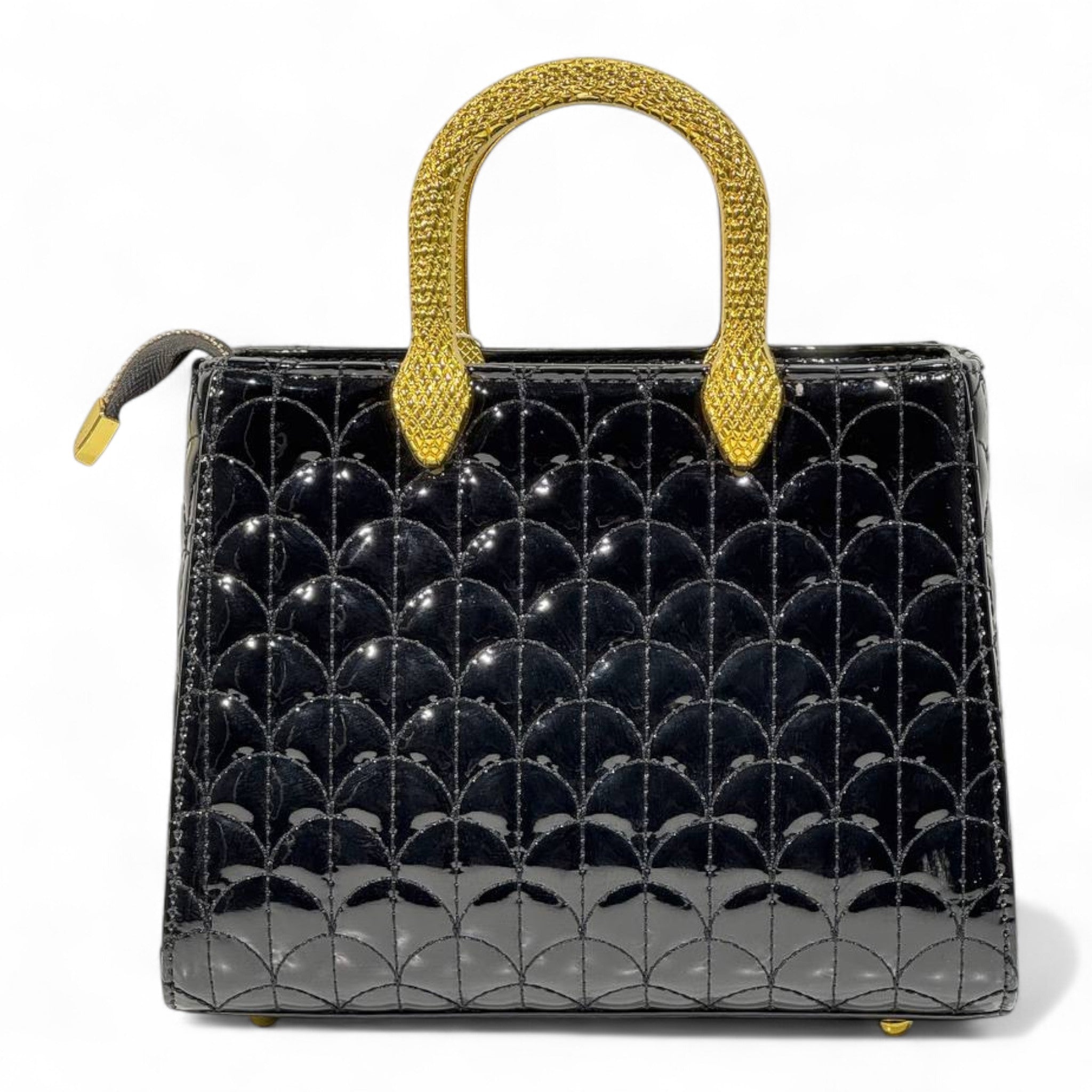BVLGARI Patent Black Quilted Handbag with Gold Serpent Handles – Elite Luxury Statement 🖤✨