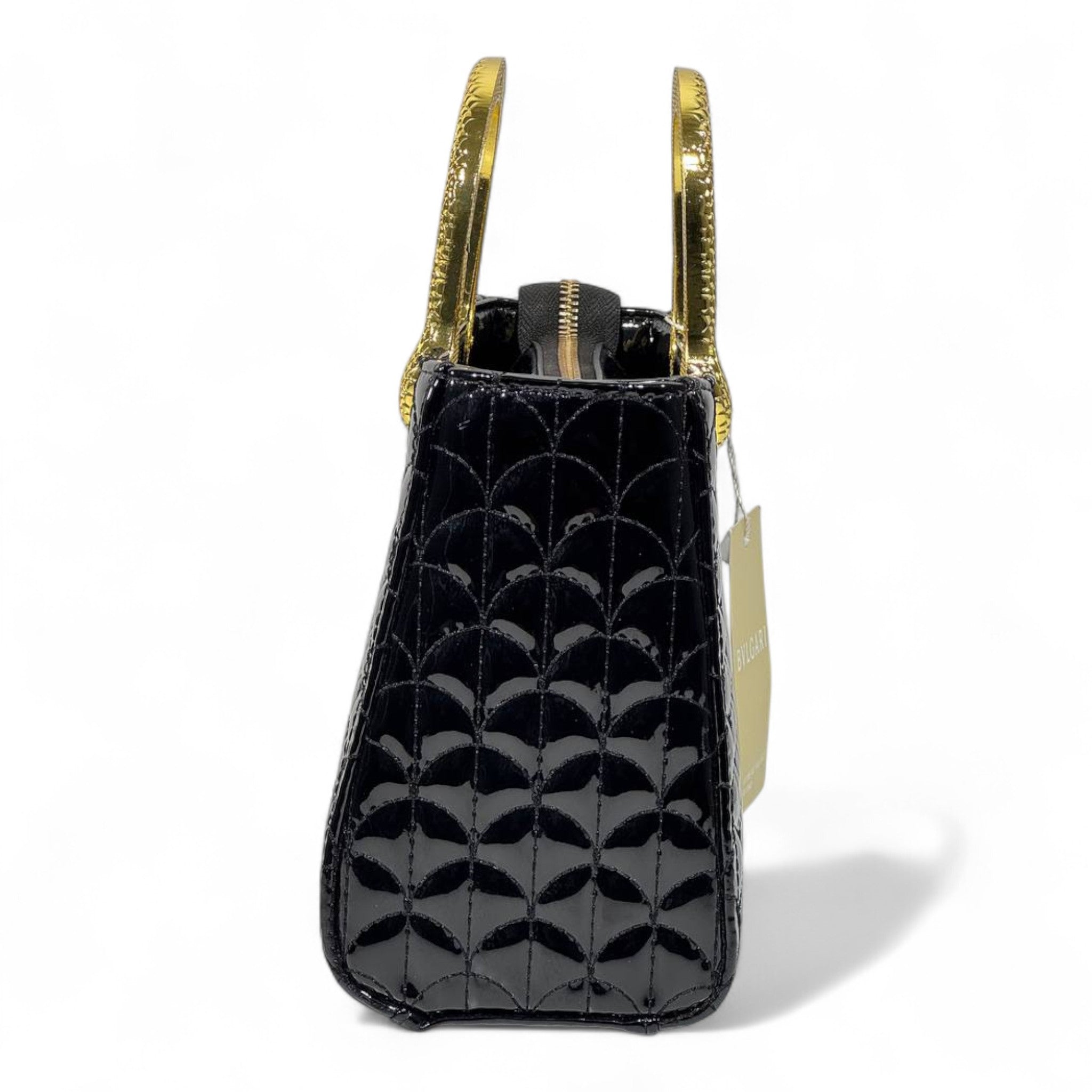 BVLGARI Patent Black Quilted Handbag with Gold Serpent Handles – Elite Luxury Statement 🖤✨