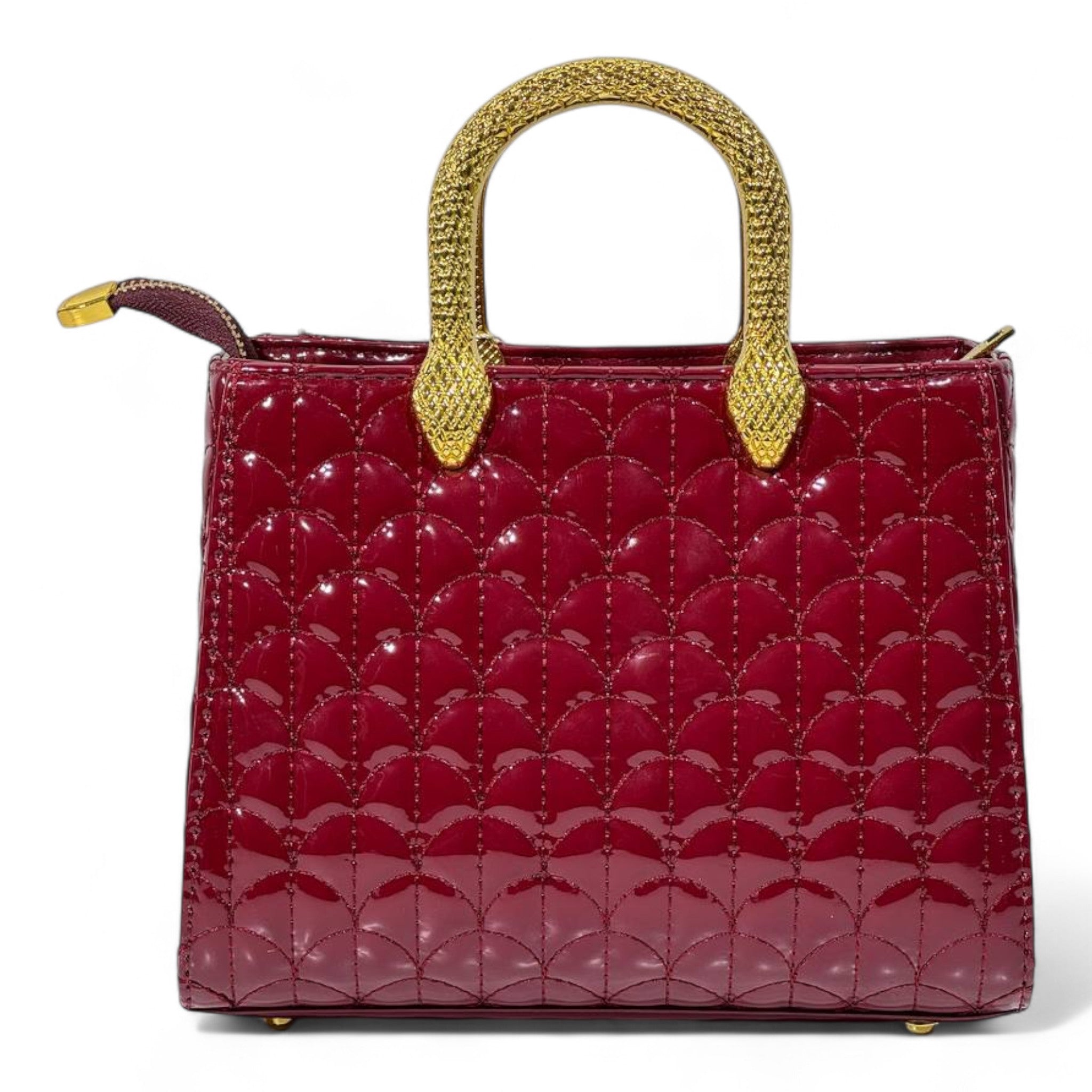 BVLGARI Burgundy Patent Quilted Handbag with Gold Serpent Handles – Elite Luxury Edition 🐍✨