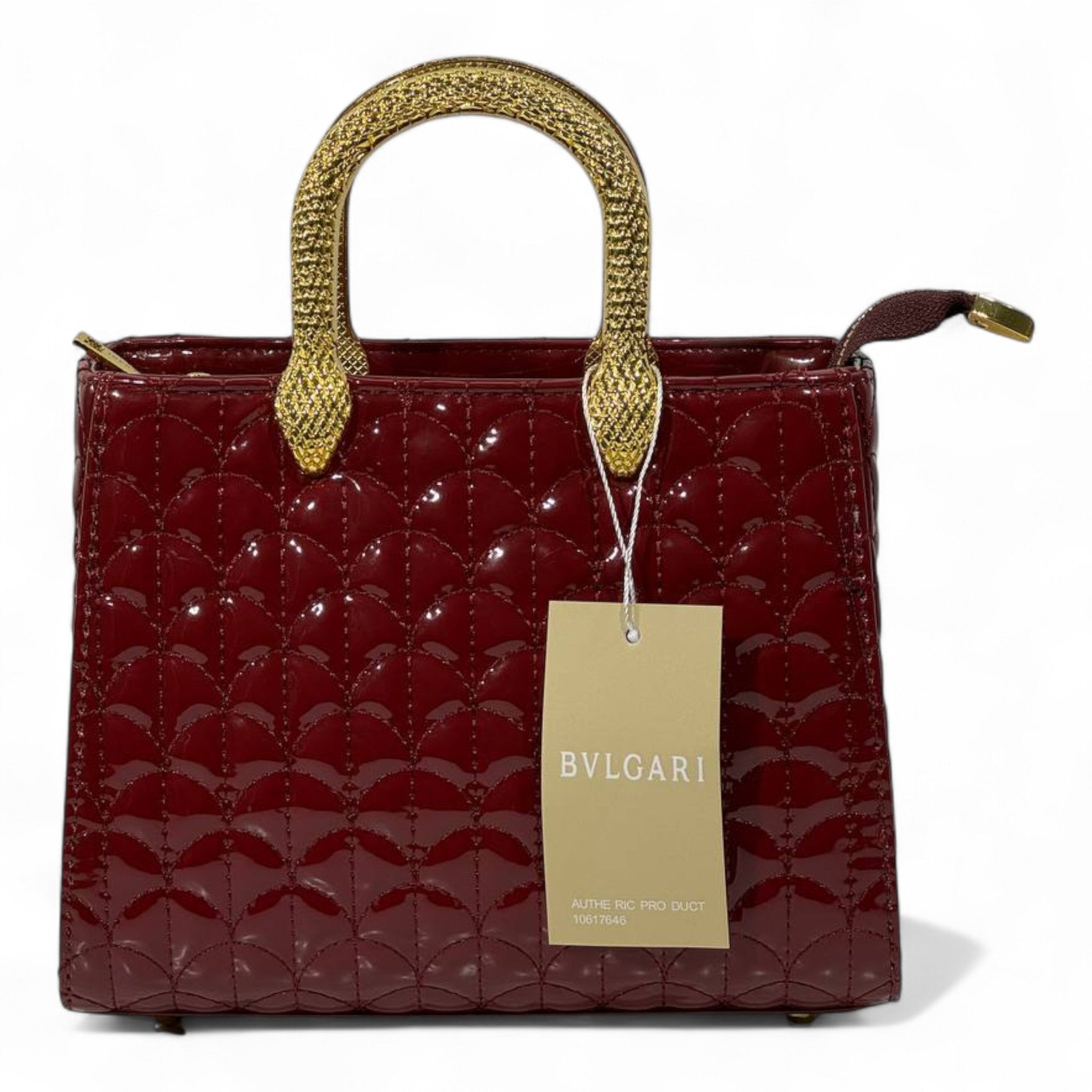 BVLGARI Burgundy Patent Quilted Handbag with Gold Serpent Handles – Elite Luxury Edition 🐍✨