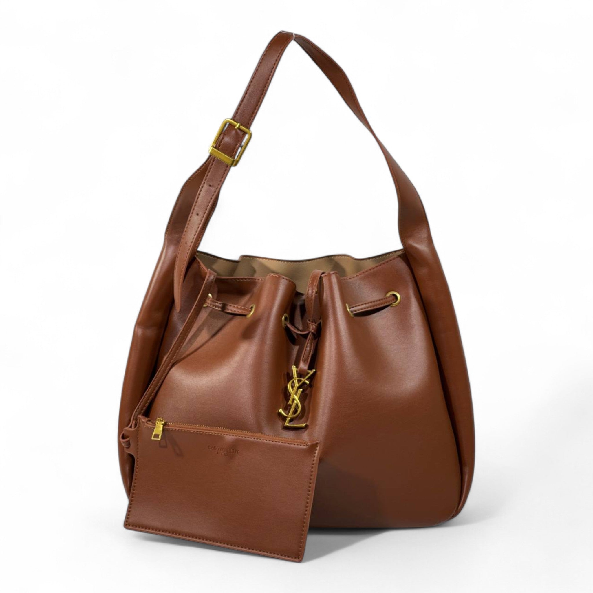 YSL Brown Leather Shoulder Bag with Matching Pouch – Classic Drawstring Luxury 🤎✨