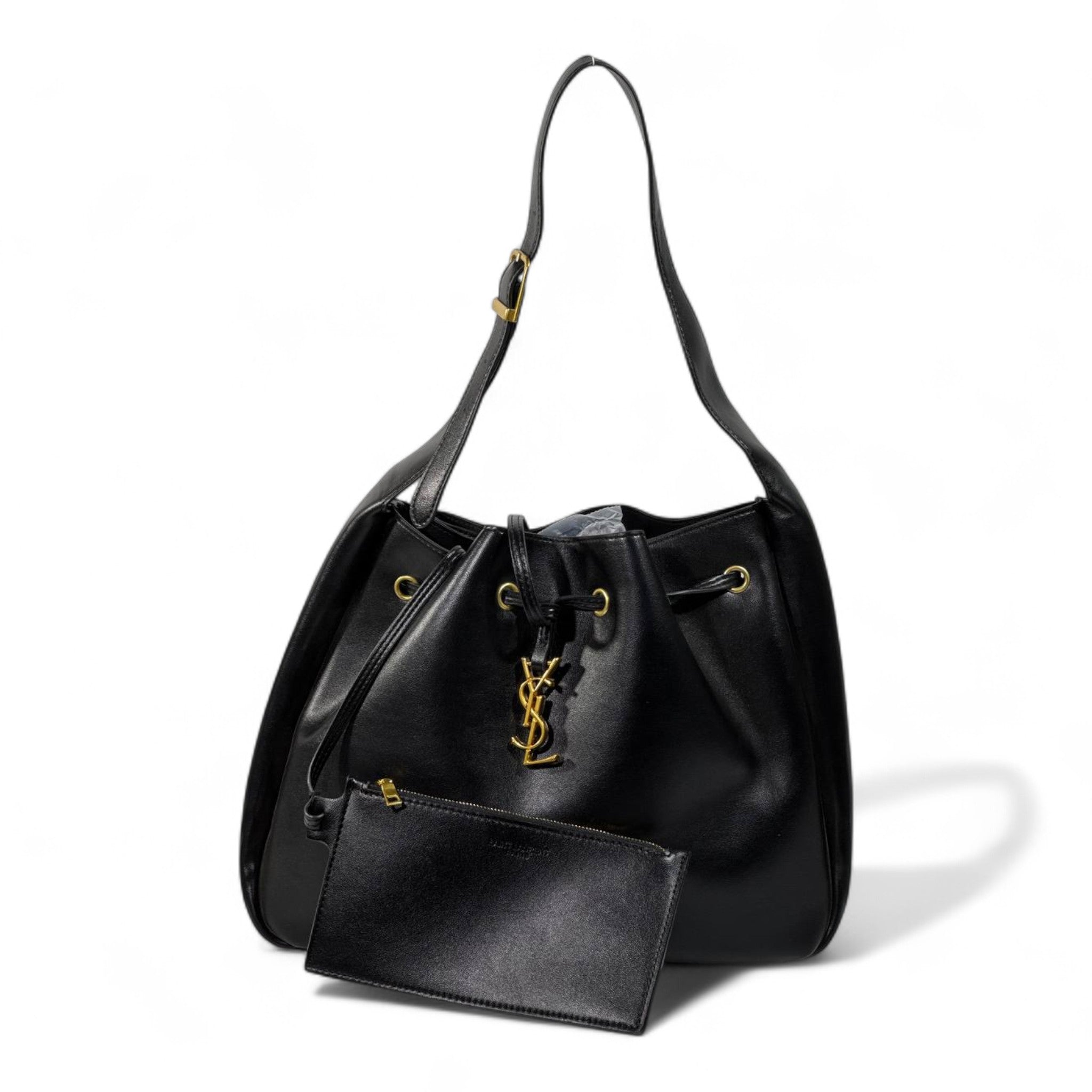 YSL Black Leather Shoulder Bag with Matching Pouch – Classic Drawstring Luxury 🖤✨