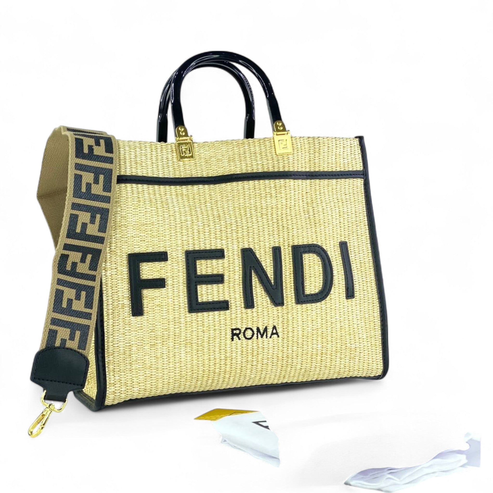 Fendi Roma Raffia Tote Bag – Black Logo & Monogram Strap 🖤🌾