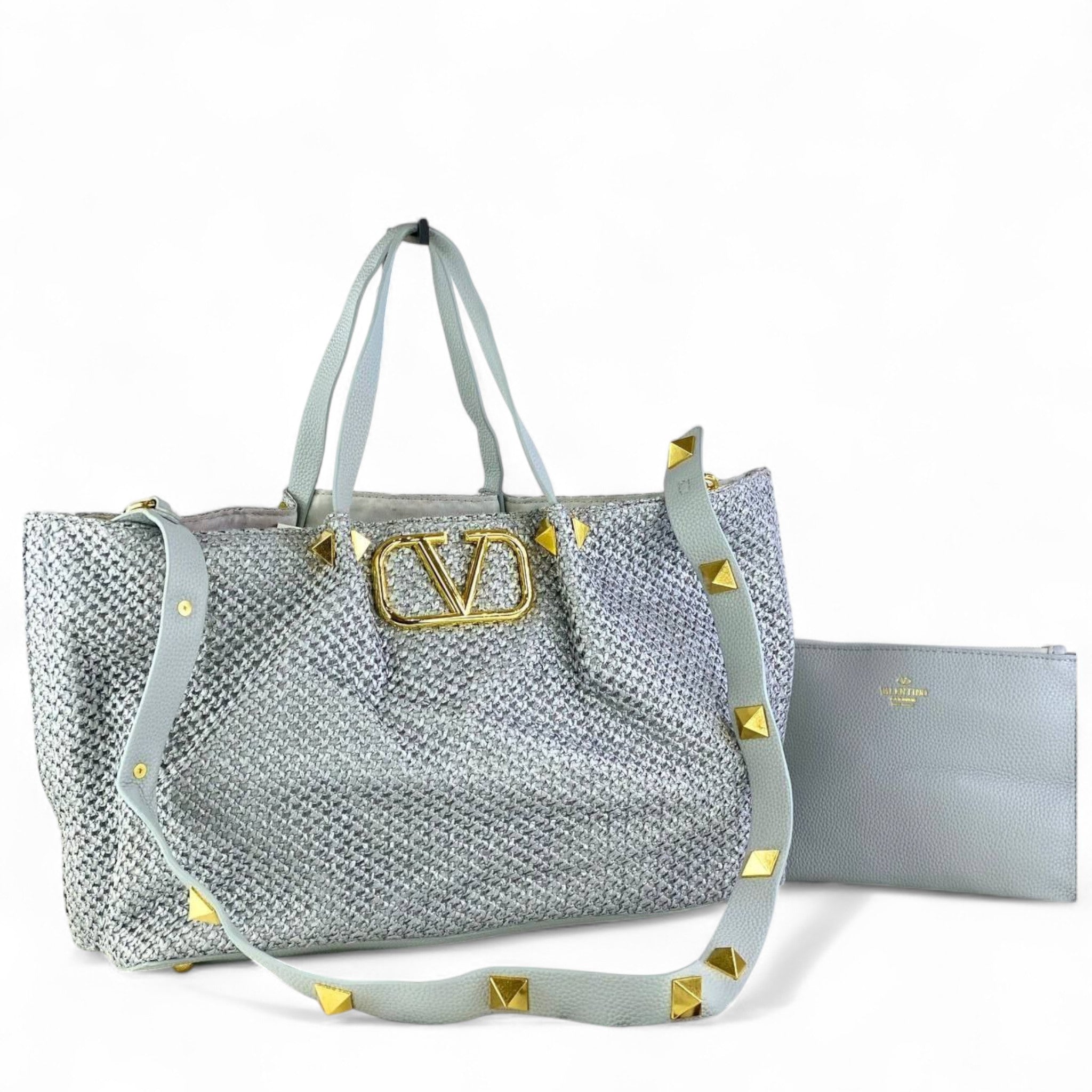 Valentino Garavani Woven Tote – Icy Grey with Gold Rockstuds ❄️✨