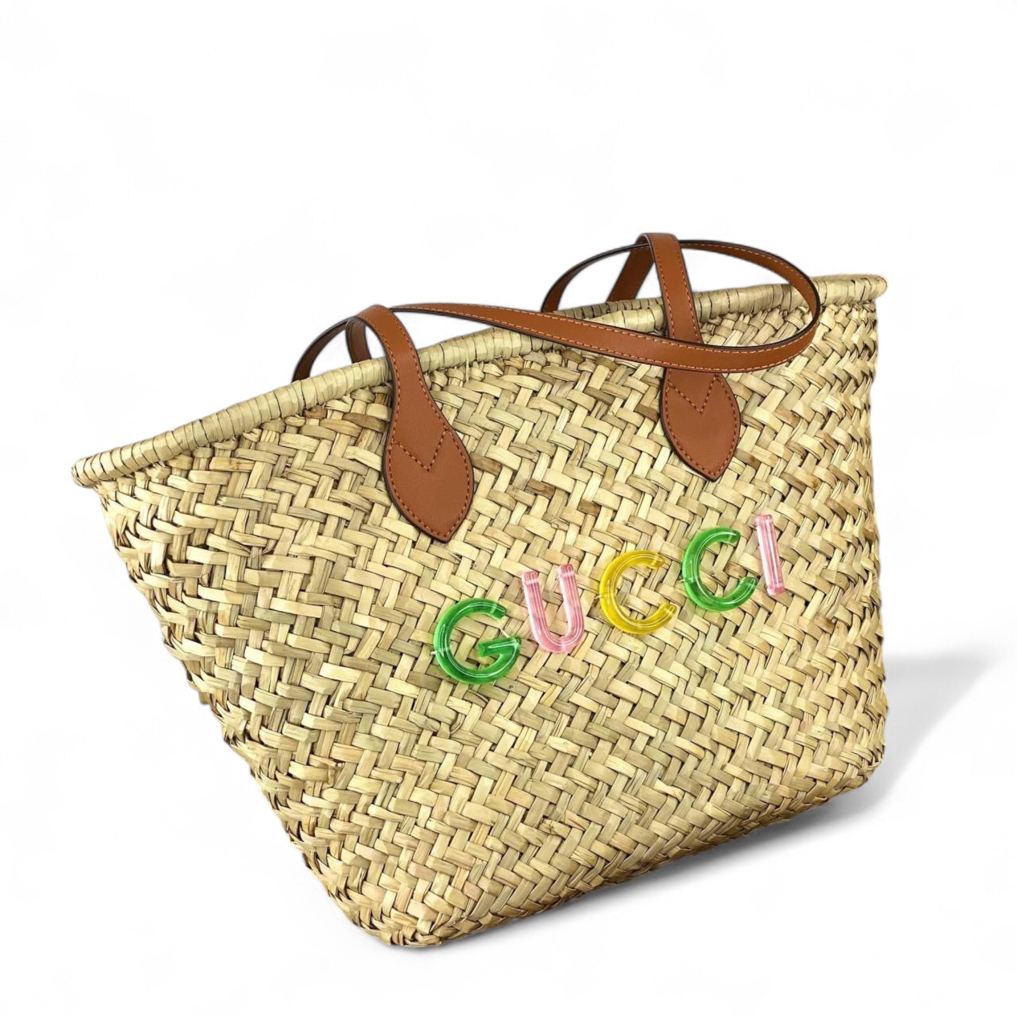 Gucci Multicolor Logo Straw Tote – Natural Palm Weave & Leather Handles 🌈👜