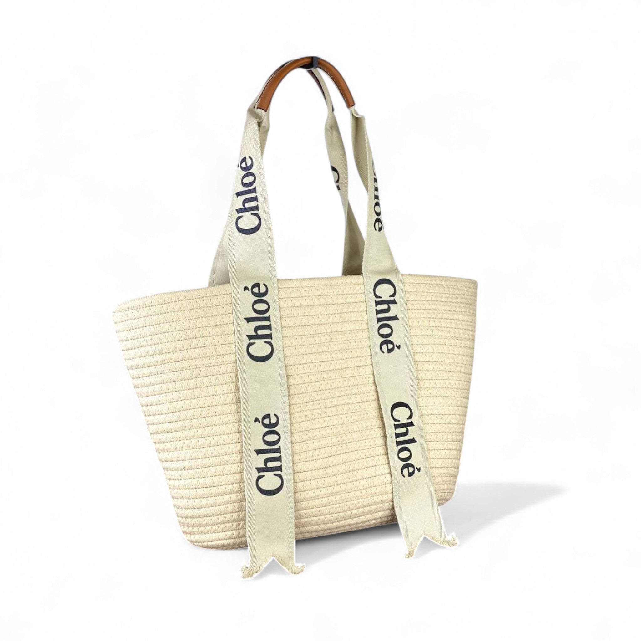 Chloé Woody Raffia Tote – Light Beige with Signature Logo Straps 🤍🌾