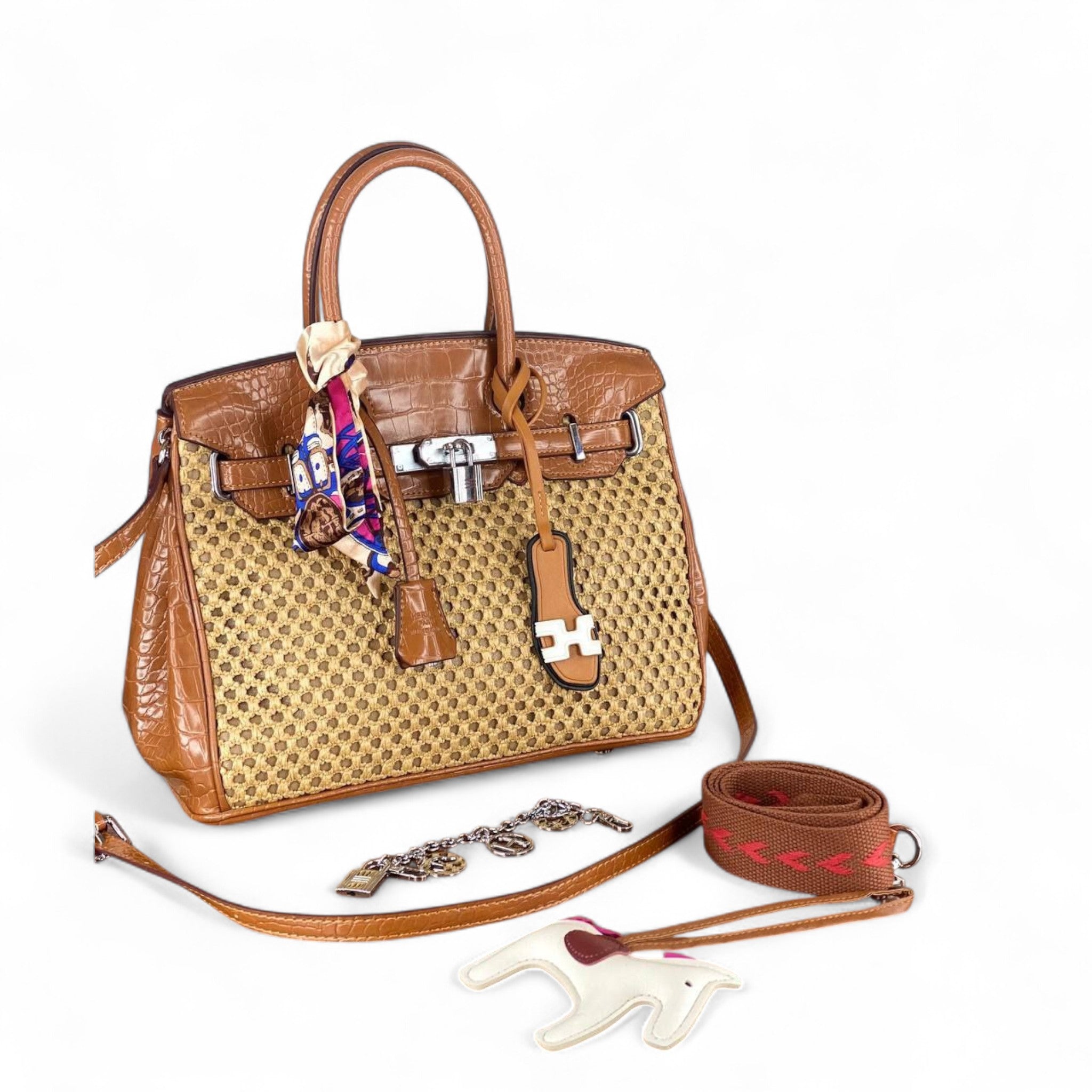 Hermès-Style Woven Handbag – Tan Croc Leather with Charms & Scarf 🤎🐎