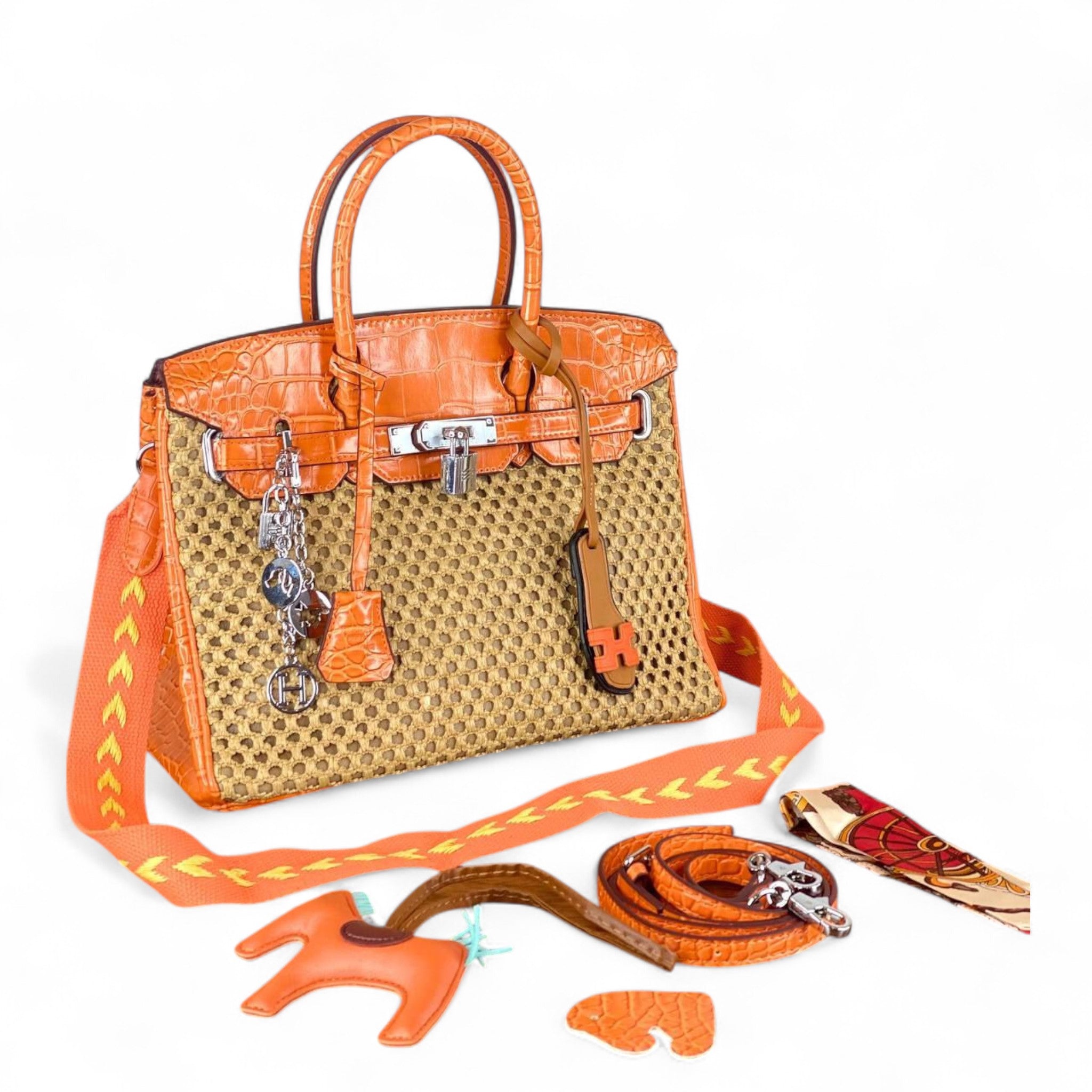 Hermès-Style Woven Handbag – Orange Croc Leather with Charms & Scarf 🧡🐴